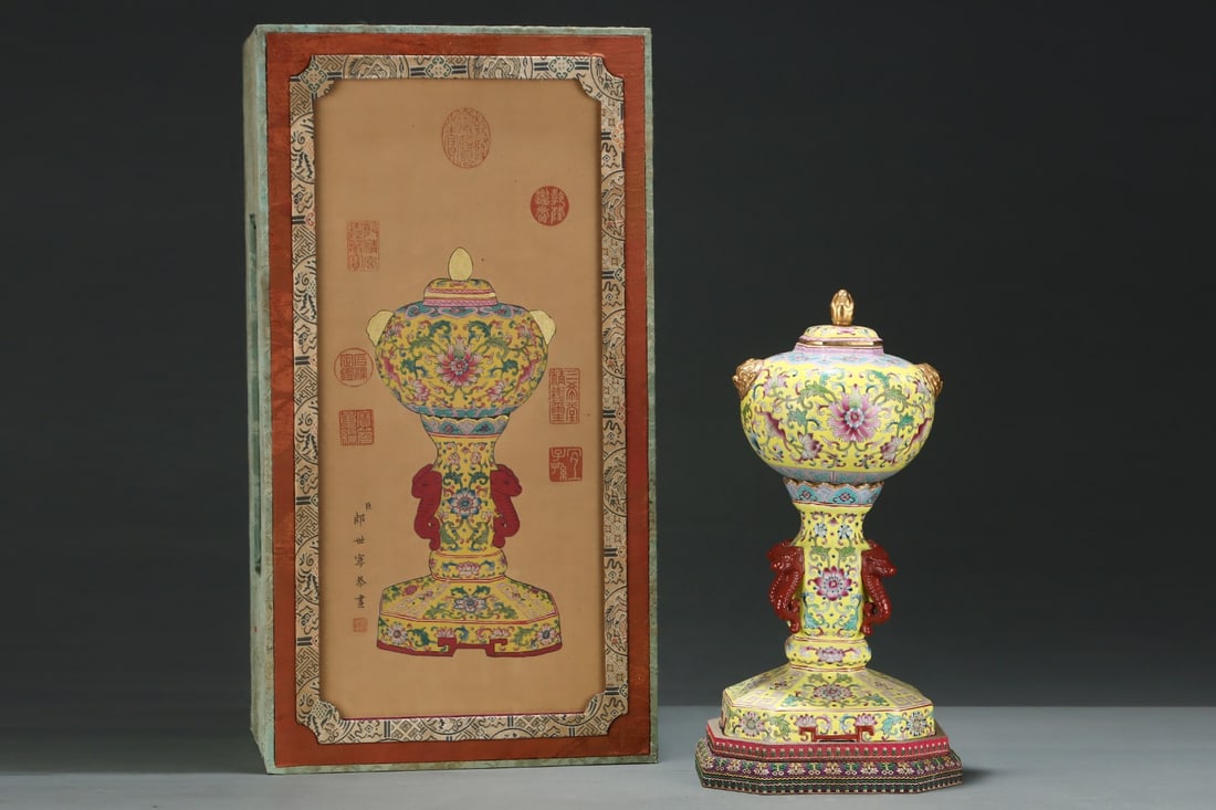 A Rare Yellow Ground Famille-Rose Painted Gold Lotus and Bats Pattern Beast-Ears Hatstand (1 of 8)