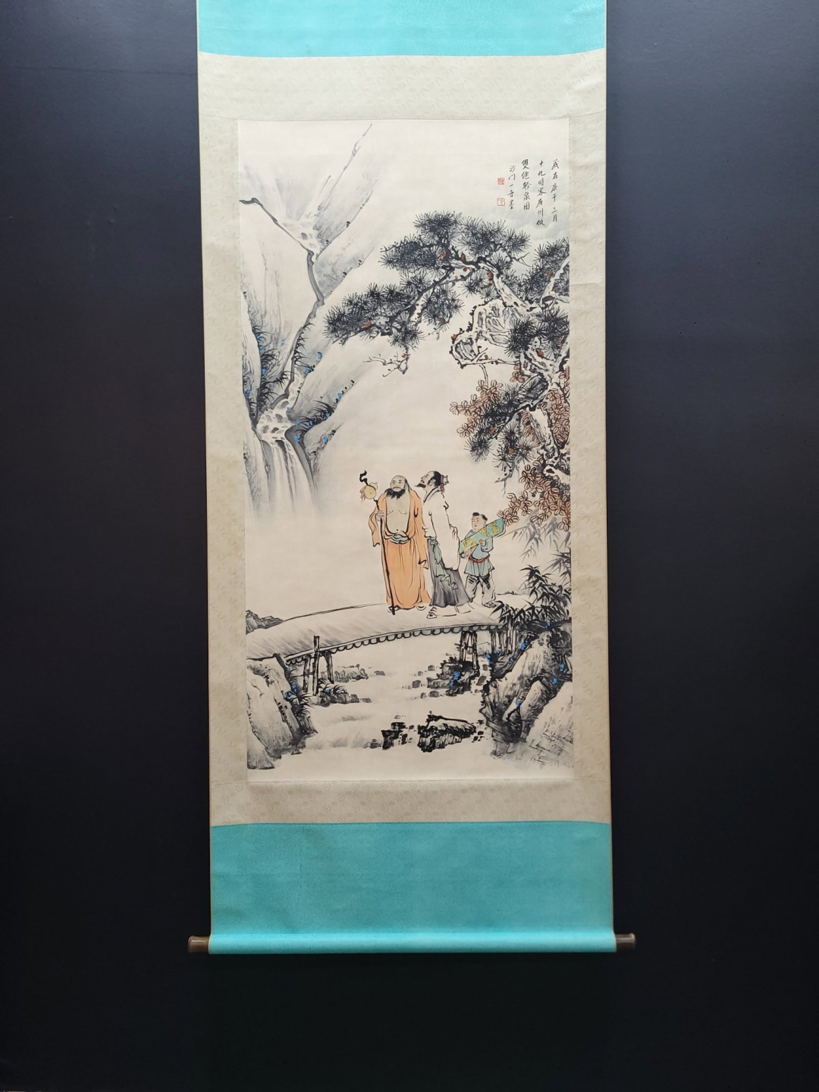 A Chinese Vertical Scroll Ink Painting of Landscape and Figure on Paper,Hong Yi: A Chinese Vertical Scroll Ink Painting of Landscape and Figure on Paper,Hong Yi,Size:(Without frame)26.8inx53.7in 一幅中国水墨山水人物ஹ