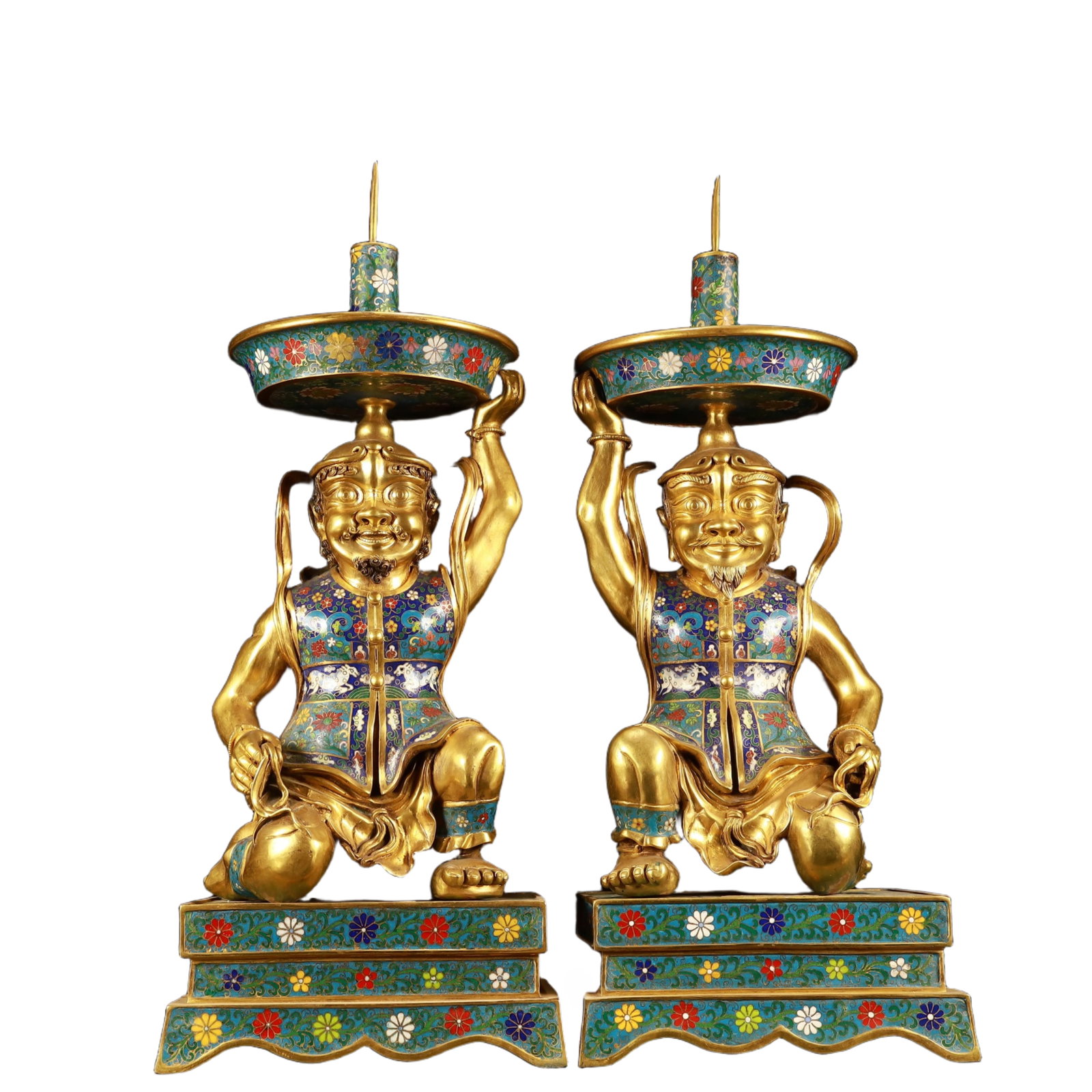 A Pair of Huge Cloisonne Flower Pattern Figure Candlestick (1 of 14)