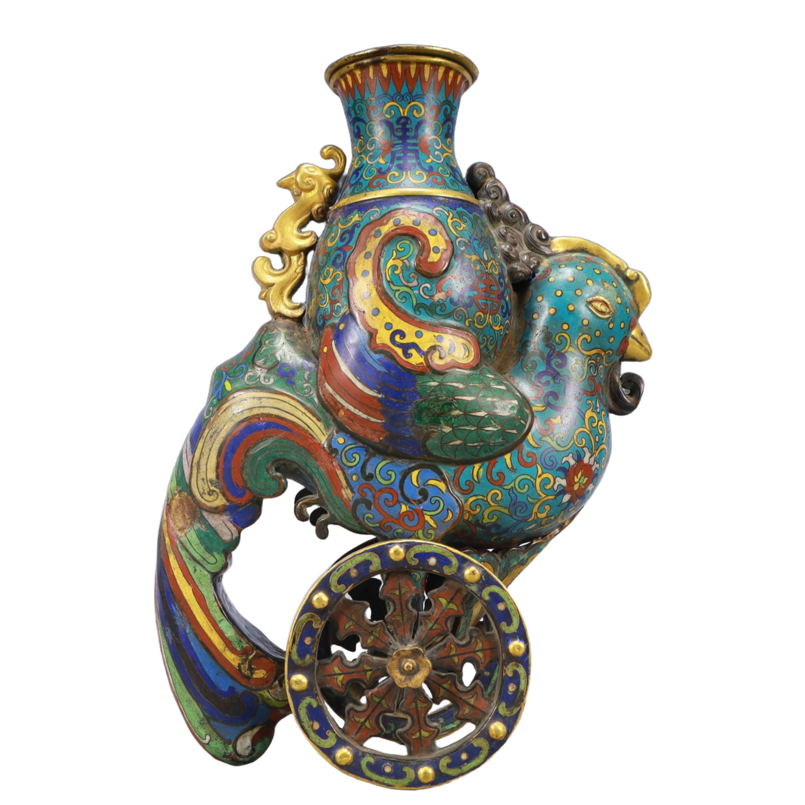 An Exquisite Cloisonne Phoenix Vase: An Exquisite Cloisonne Phoenix Vase,Qing Dynasty, China,Qianlong Mark,Size:8.3inx4.3inx12.2in,Weight:2900g 景泰蓝凤瓶,中国清代,乾隆