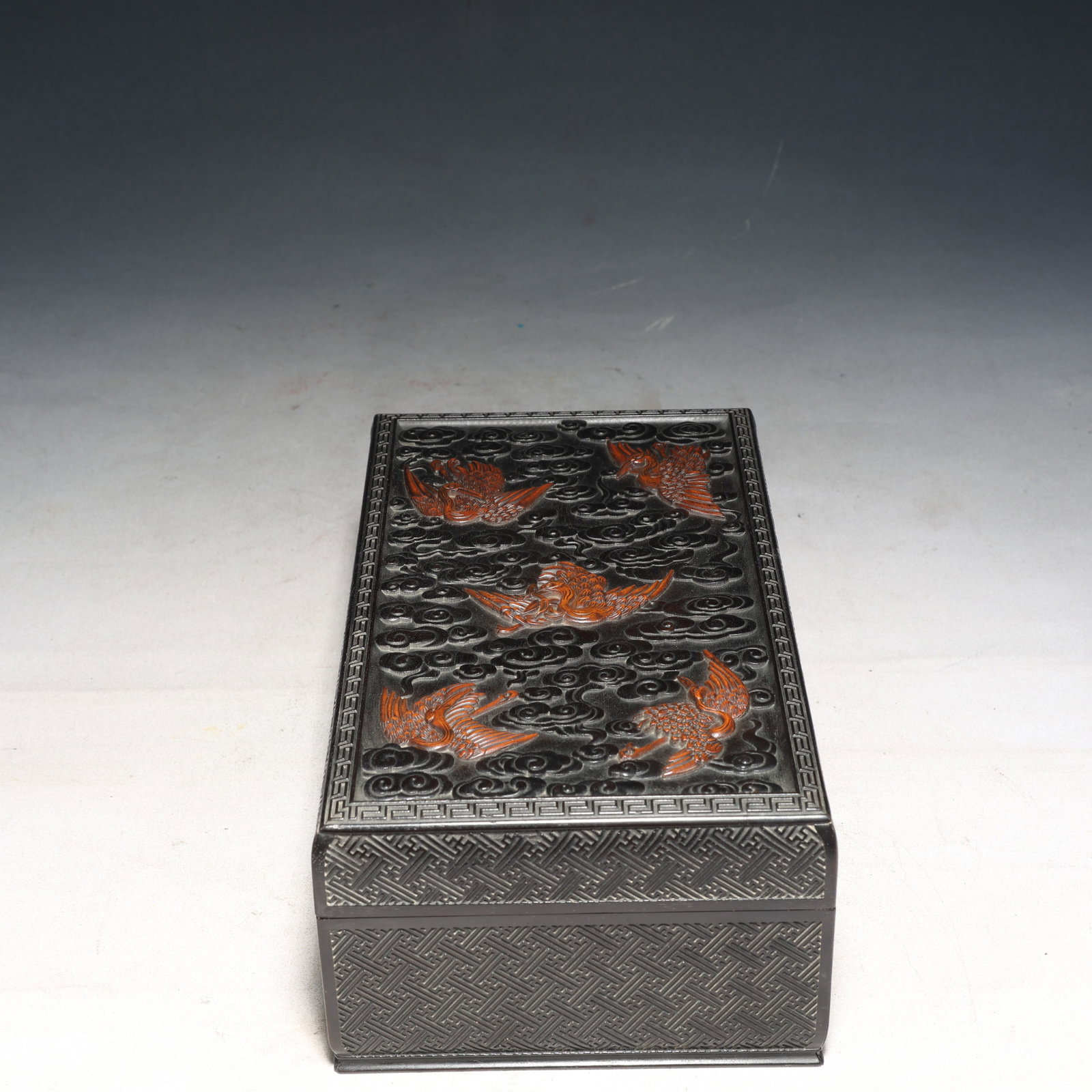 An Exquisite Zitanwood Inlaid Boxwood Auspicious Cloud and Crane Pattern Box with Cover: An Exquisite Zitanwood Inlaid Boxwood Auspicious Cloud and Crane Pattern Box with Cover,Qing Dynasty,China,Size:5.9inx10.2inx3.9in,Weight:1450g 紫檀木镶黄杨木