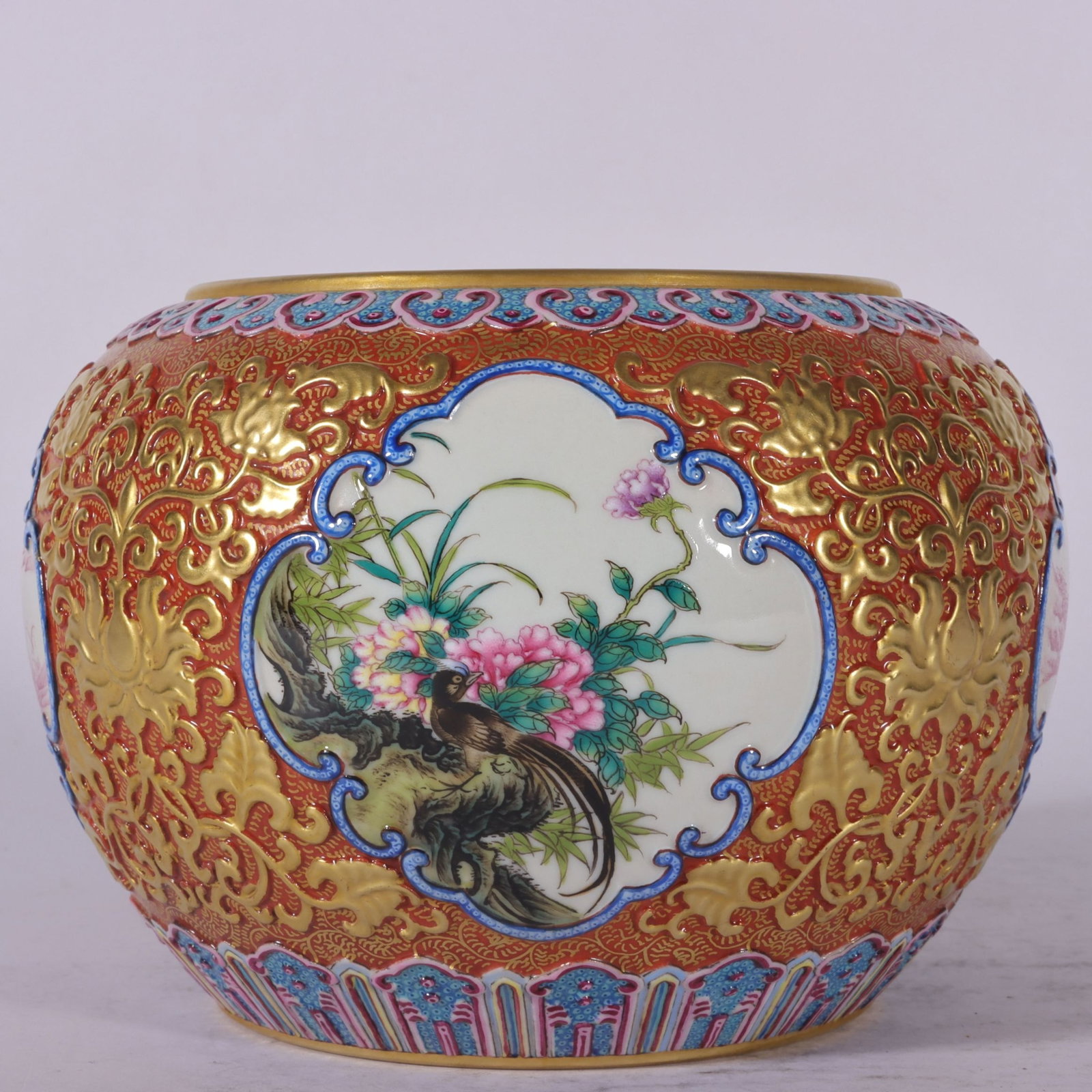 An Exquisite Enamel Iron-Red Painted Gold Landscape,Flower and Bird Pattern Water Pot: An Exquisite Enamel Iron-Red Painted Gold Landscape,Flower and Bird Pattern Water Pot,Qing Dynasty, China,Qianlong Six-character Mark,Size:4.3inx6.1in 珐琅彩矾红釉&