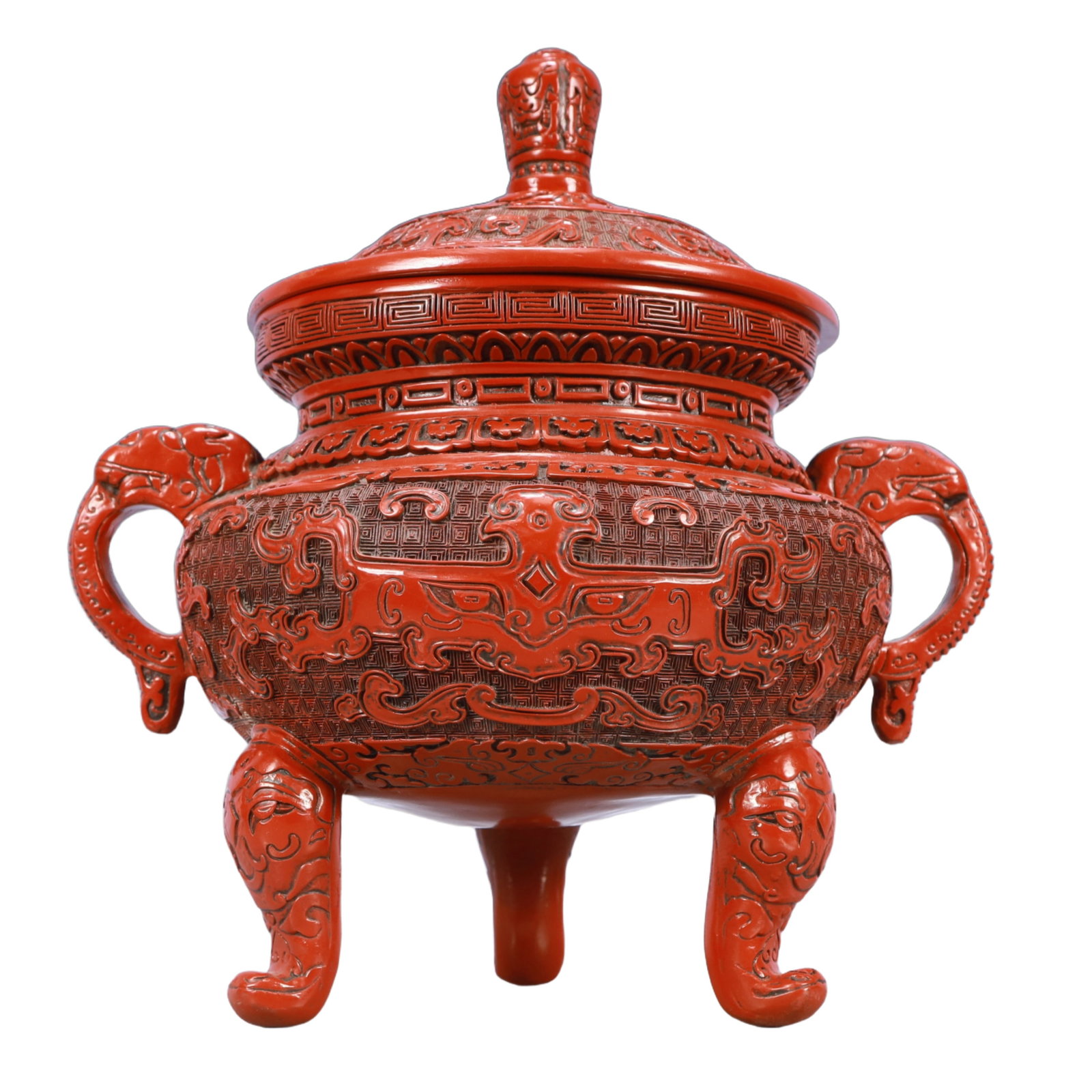 A Rare Carved Red Lacquer Beast-Face Pattern Double-Ears and Tripod Censer: A Rare Carved Red Lacquer Beast-Face Pattern Double-Ears and Tripod Censer,Qing Dynasty, China,Qianlong Six-character Mark,Size:14.2inx10.6inx13.8in,Weight:3650g 剔红漆器ࠦ