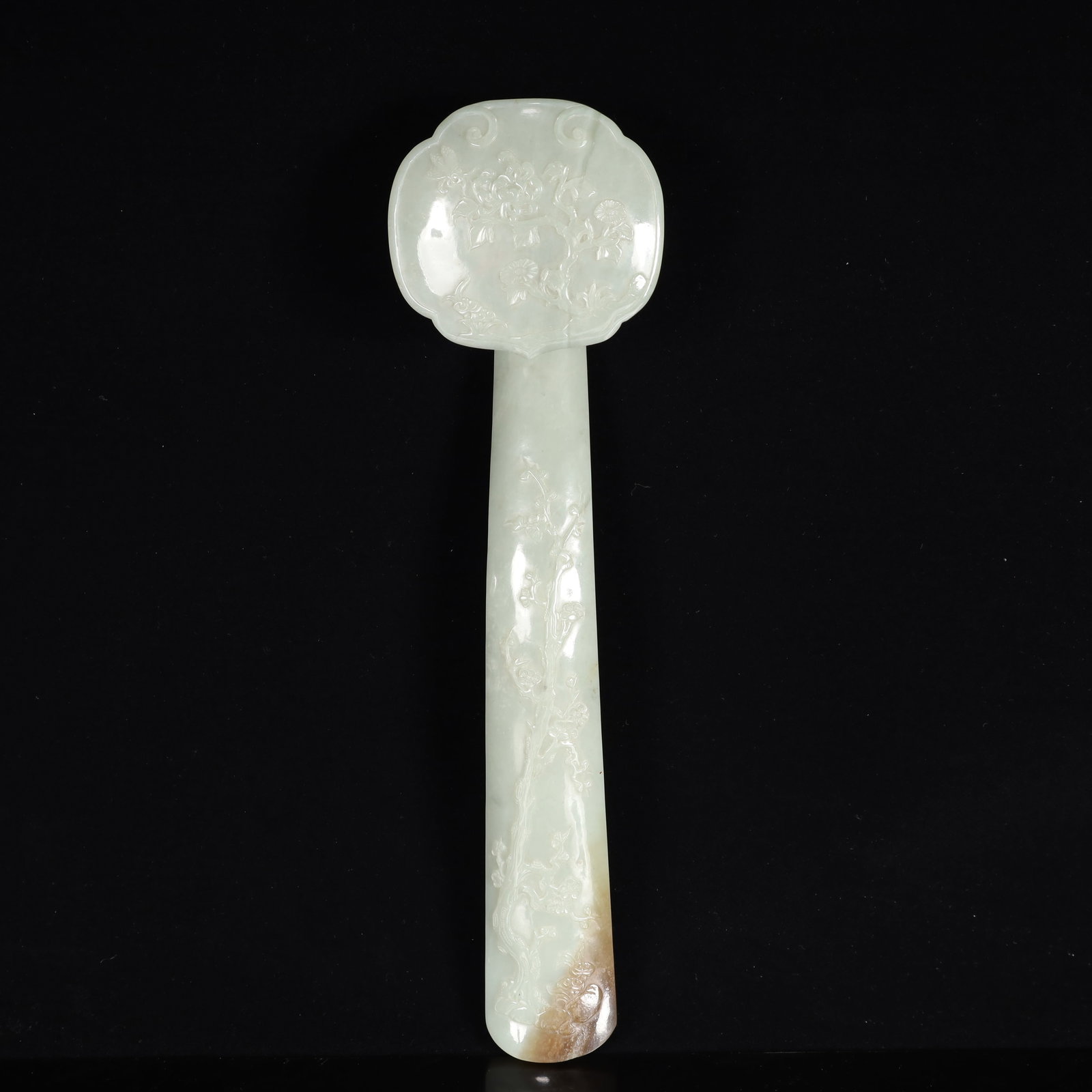 A Rare White Jade Flower Pattern Ruyi: A Rare White Jade Flower Pattern Ruyi,Qing Dynasty, China,Size:13.4inx3.5inx2.4in,Weight:700g 白玉花卉纹如意,中国清代
