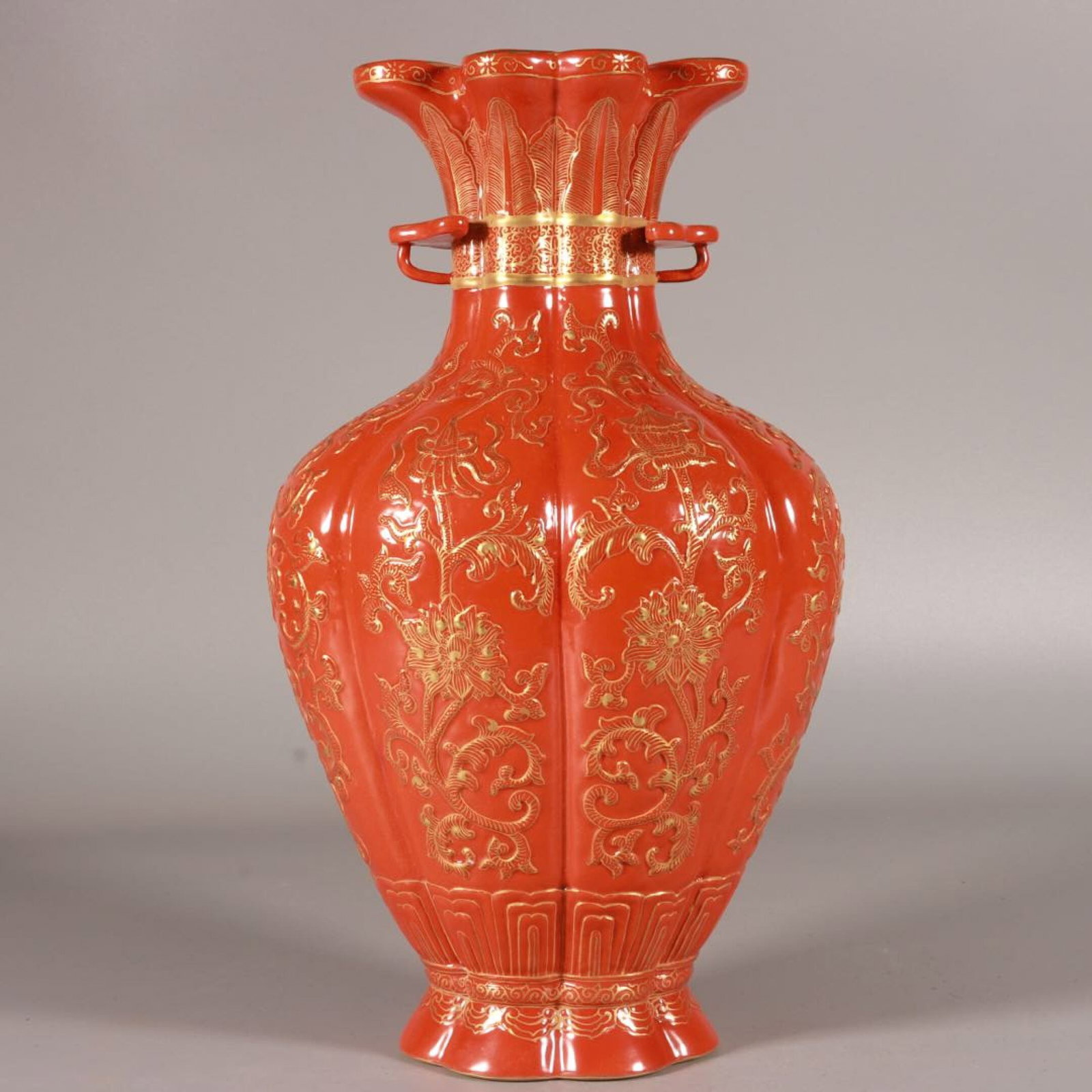 An Exquisite Iron-Red Painted Gold Lotus and Eight Treasures Pattern Double-Ears Vase (1 of 8)