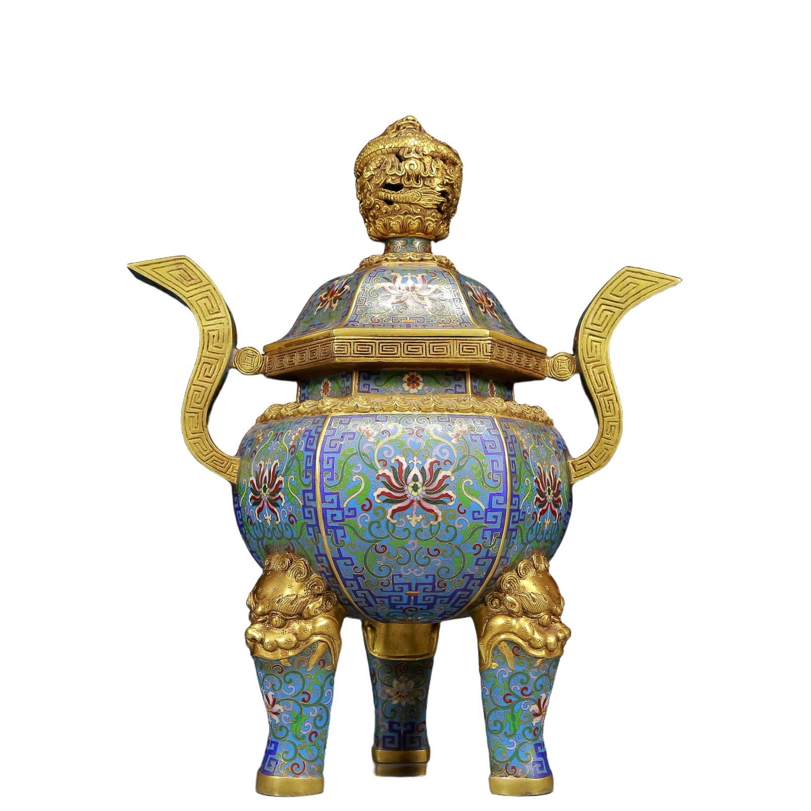 A Huge Cloisonne Lotus Pattern Double-Ears and Tripod Censer: A Huge Cloisonne Lotus Pattern Double-Ears and Tripod Censer,Qing Dynasty, China,Qianlong Four-character Mark,Size:13.8inx6.7inx16.1in,Weight:9760g 景泰蓝缠枝莲 