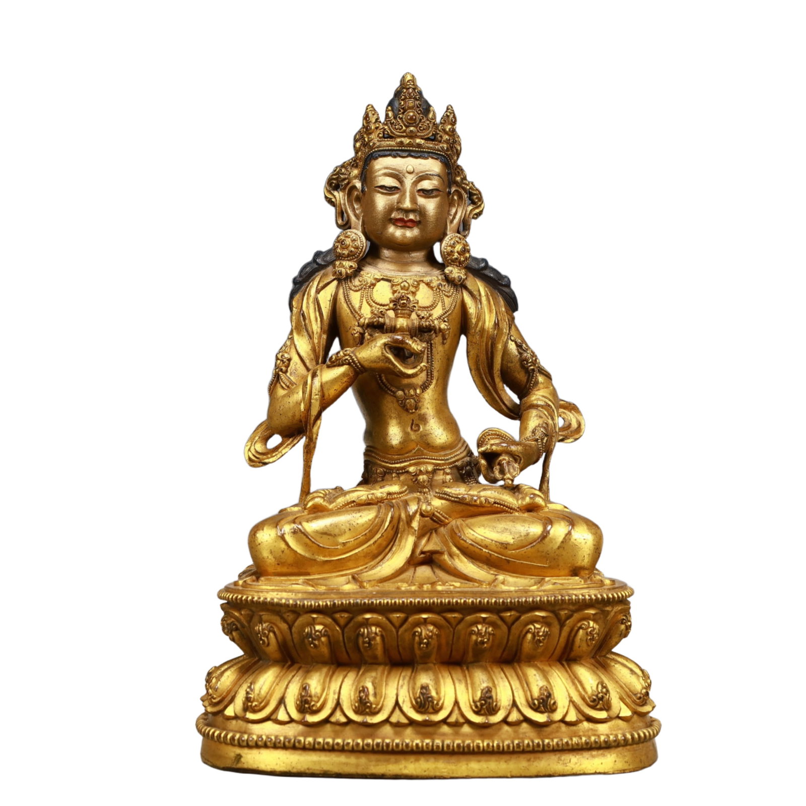 A Solemn Gilt Bronze Statue of Vajrasattva: A Solemn Gilt Bronze Statue of Vajrasattva,Ming Dynasty, China,Yongle Six-character Mark,Size:6.7inx4.5inx10.4in,Weight:2800g 铜鎏金金刚萨陲像,中&