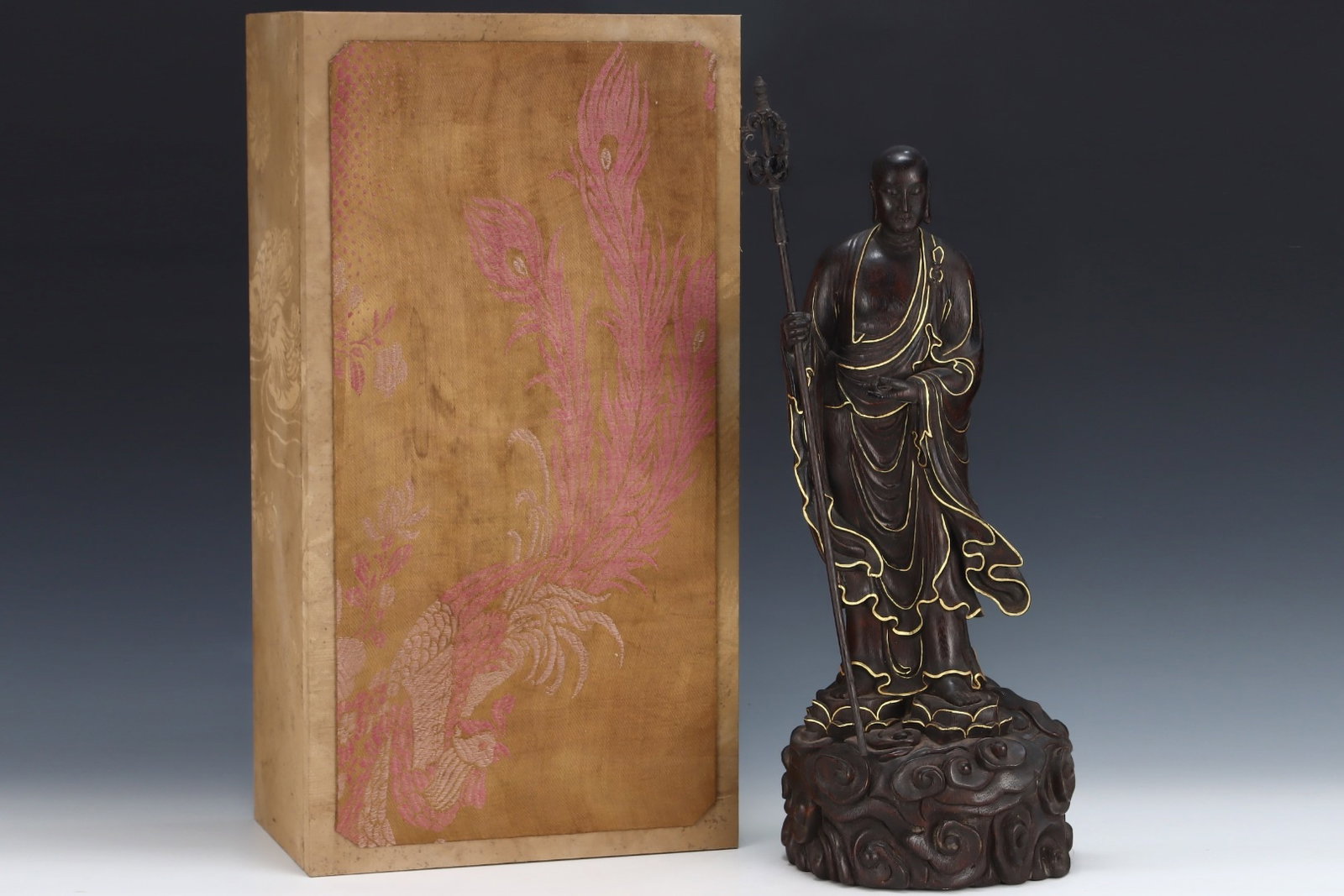 A Huge Eaglewood Painted Color Painted Gold Statue of Kshitigarbha Bodhisattva: A Huge Eaglewood Painted Color Painted Gold Statue of Kshitigarbha Bodhisattva,Qing Dynasty,China,Size:21.4inx8.5in 沉香木彩绘描金地藏王