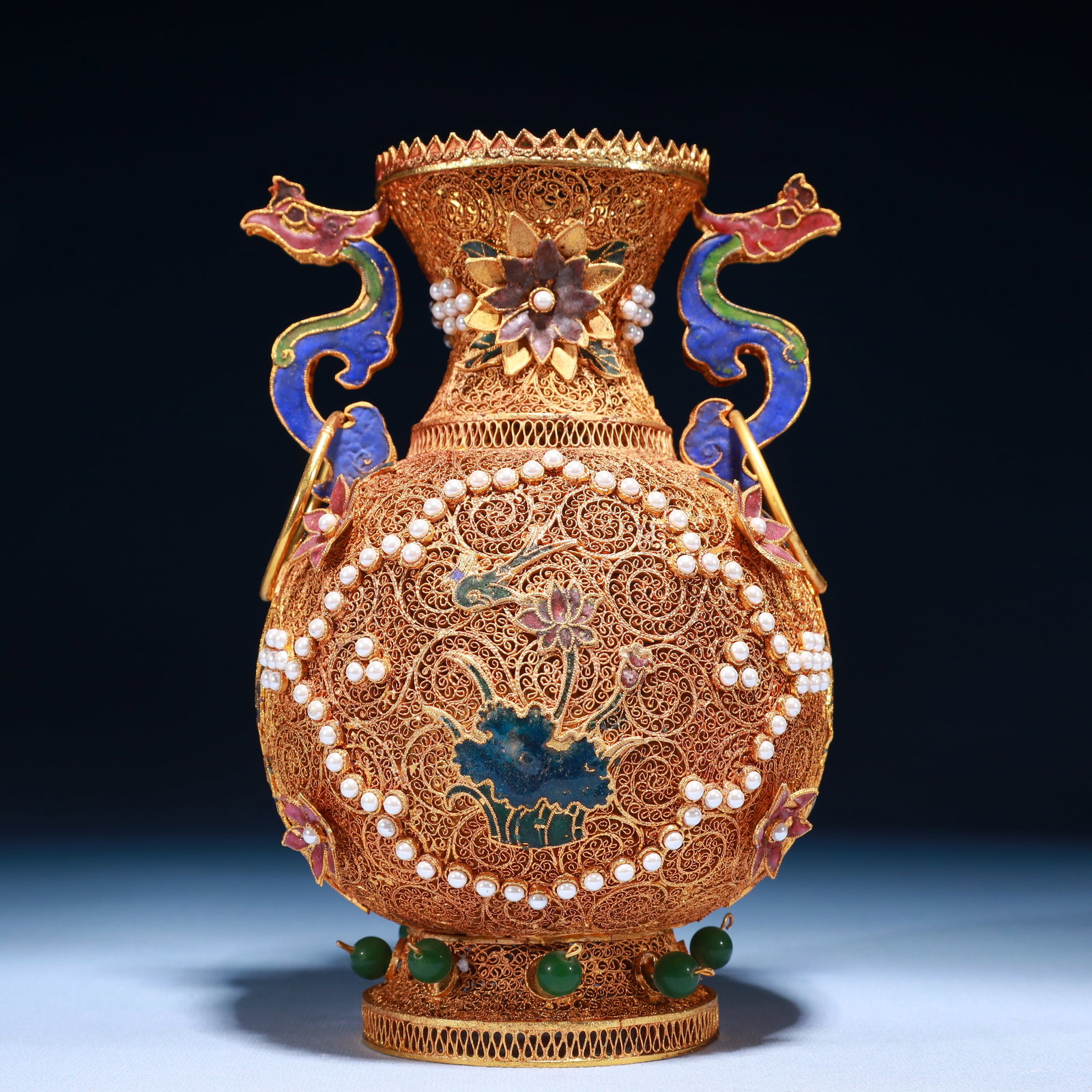 An Exquisite Filigree and Gilding Flower Pattern Double-Ears Vase,Inlaid Pearl: An Exquisite Filigree and Gilding Flower Pattern Double-Ears Vase,Inlaid Pearl,Qing Dynasty,China,Size:5.5inx8.7in,Weight:650g