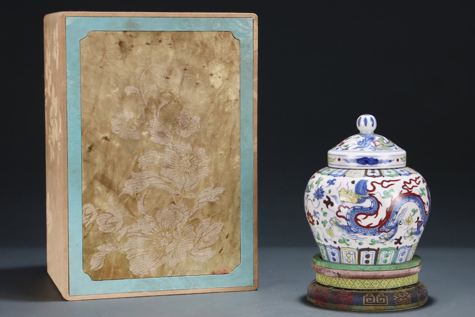 An Exquisite Blue and White Doucai Lotus and Dragon Pattern Cover Jar: An Exquisite Blue and White Doucai Lotus and Dragon Pattern Cover Jar,Ming Dynasty,China,Chenghua 款,Size:6.5inx5.6in