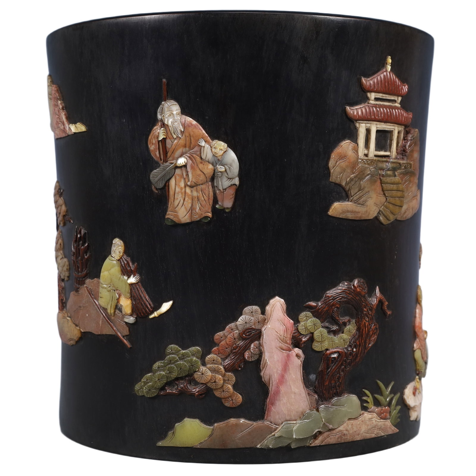 An Exquisite Zitanwood Landscape and Figure Pattern Brush Pot,Inlaid Gems,With Poem: An Exquisite Zitanwood Landscape and Figure Pattern Brush Pot,Inlaid Gems,With Poem,Qing Dynasty, China,Qianlong Four-character Mark,Size:9.8inx10.2in,Weight:5900g 紫檀木山