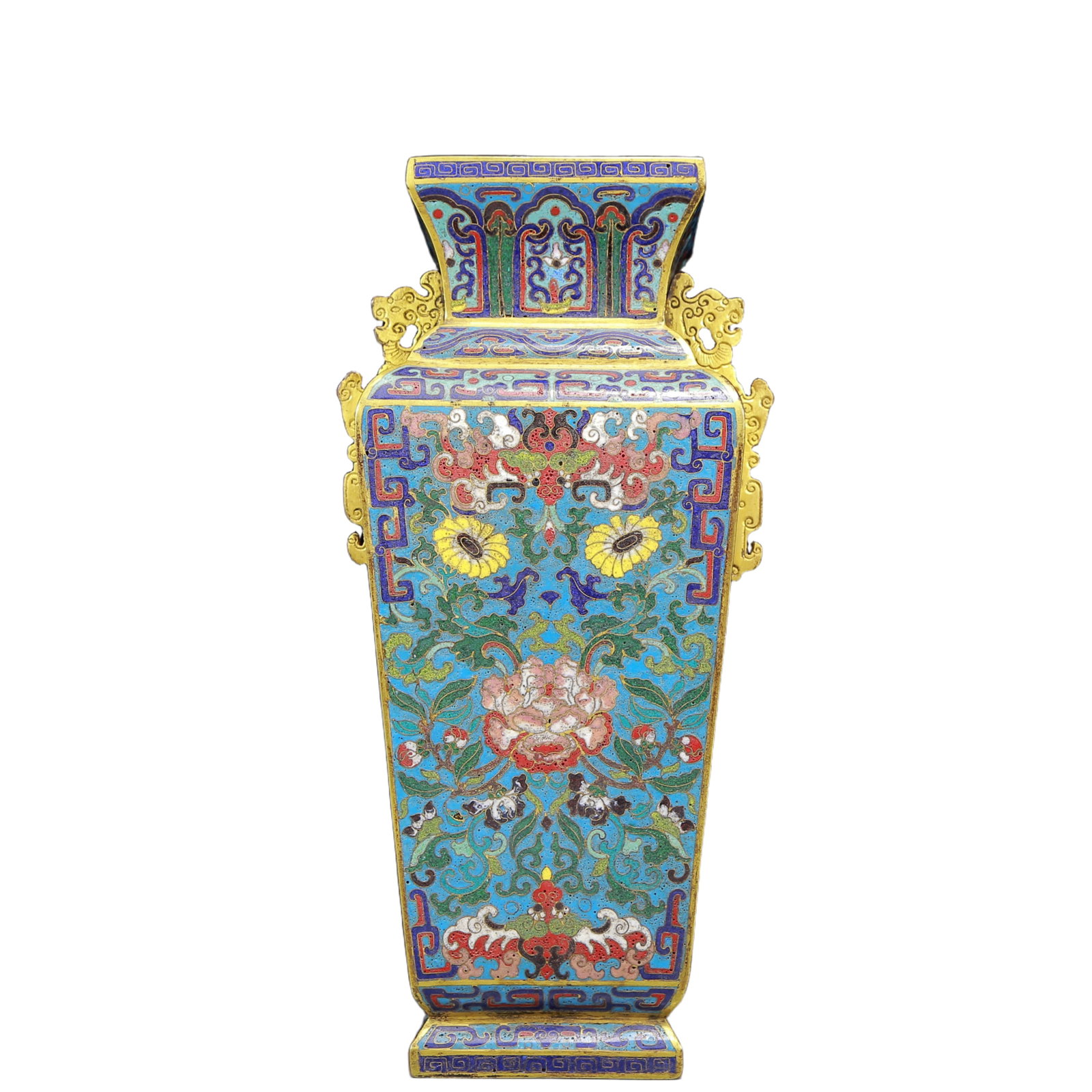 A Rare Cloisonne Flower Pattern Double-Ears Vase: A Rare Cloisonne Flower Pattern Double-Ears Vase,Qing Dynasty, China,Qianlong Four-character Mark,Size:6.7inx13.4in,Weight:3305g 景泰蓝花卉纹双耳瓶