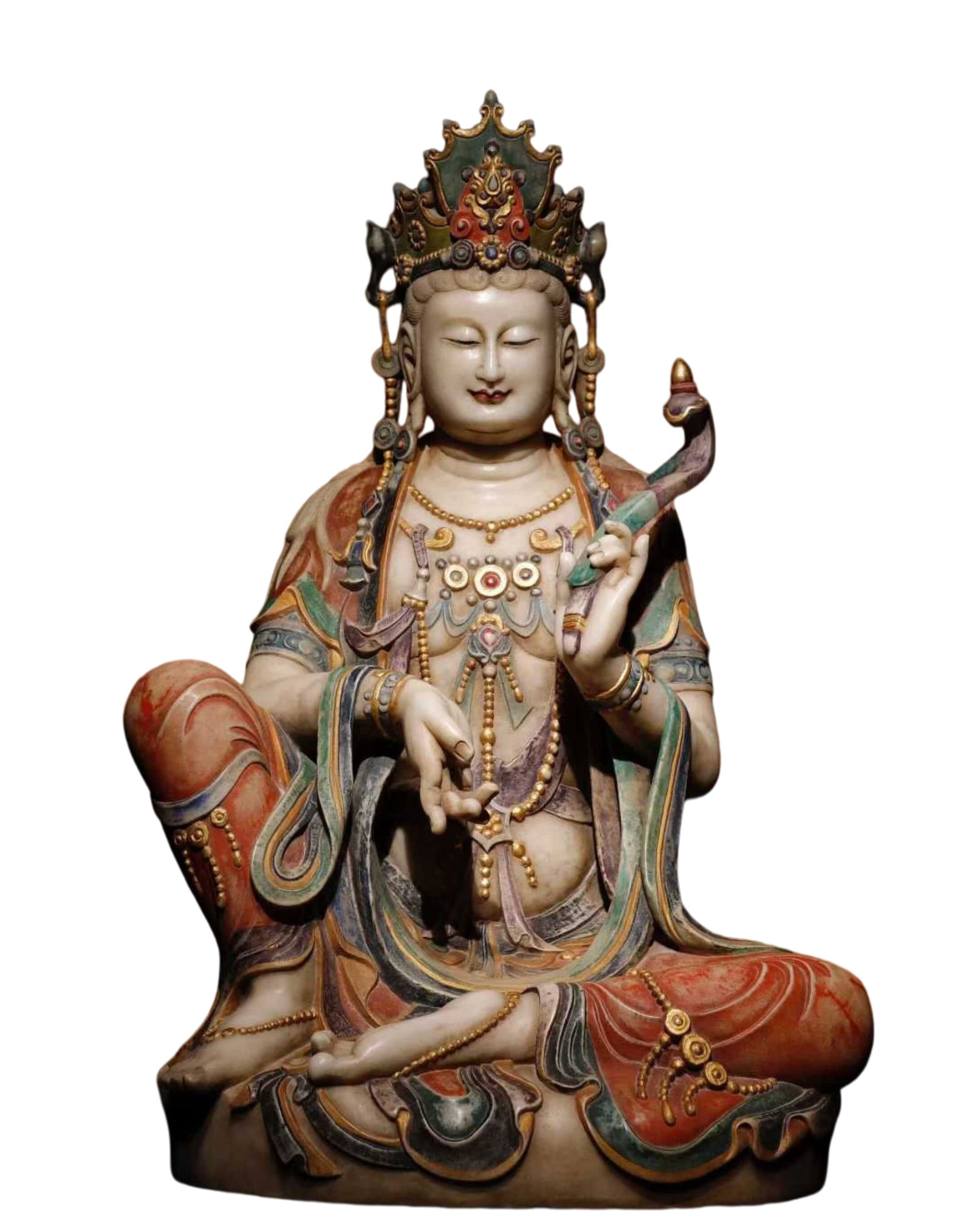 A Solemn Marble Painted Color Statue of Avalokitesvara: A Solemn Marble Painted Color Statue of Avalokitesvara,Tang Dynasty,China,Size:41.7inx26inx20.9in 汉白玉彩绘观音像,中国唐代