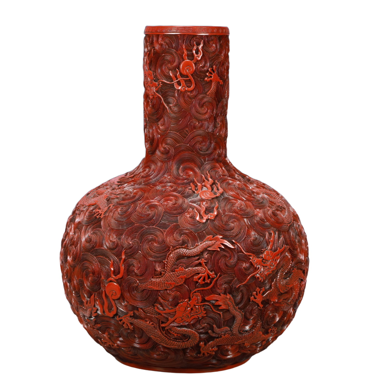 A Huge Carved Red Lacquer Auspicious Cloud and Dragon Pattern Vase,with an Imperial Poem by Emperor: A Huge Carved Red Lacquer Auspicious Cloud and Dragon Pattern Vase,with an Imperial Poem by Emperor Qianlong,Qing Dynasty, China,Size:14.6inx22.8in,Weight:8400g 剔红漆器祥