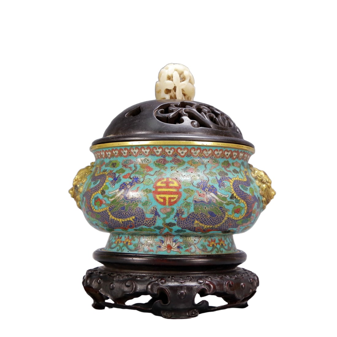 An Archaic Cloisonne Dragon Pattern Beast-Ears Censer,with Zitanwood Inlaid White Jade Cover: An Archaic Cloisonne Dragon Pattern Beast-Ears Censer,with Zitanwood Inlaid White Jade Cover,Qing Dynasty, China,Qianlong Four-character Mark,Size:7.1inx6.3inx8.5in,Weight:1650g 景泰൉
