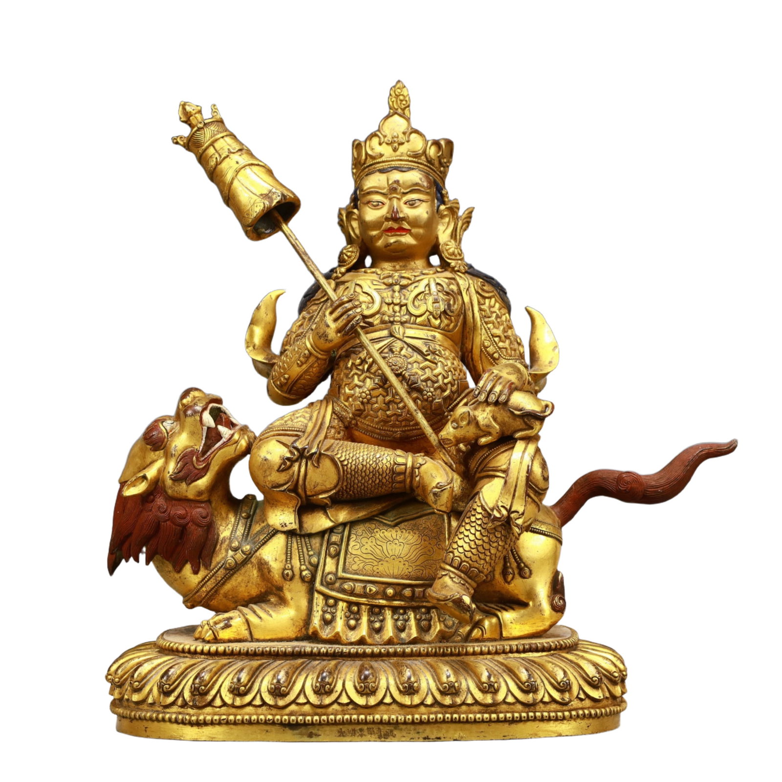 A Solemn Gilt Bronze Statue of Mammon Rides the Lion: A Solemn Gilt Bronze Statue of Mammon Rides the Lion,Ming Dynasty, China,Yongle Six-character Mark,Size:8.9inx5.5inx11.8in,Weight:6350g 铜鎏金骑狮财神像