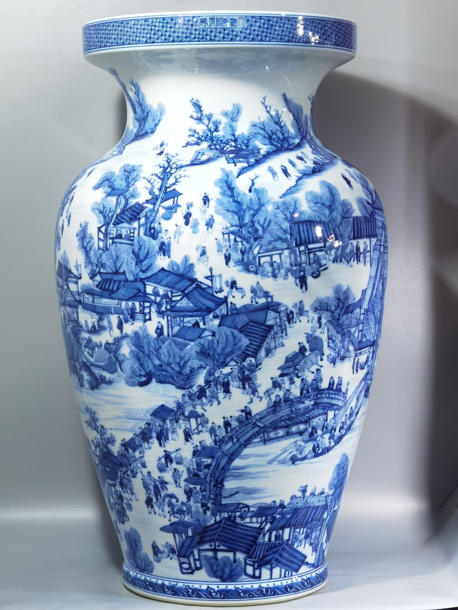 A Huge Blue and White Landscape and Figure Pattern Vase: A Huge Blue and White Landscape and Figure Pattern Vase,Qing Dynasty,China,Qianlong Six-character Mark,Size:31.3inx18.5inx15in 青花山水人物纹瓶,中