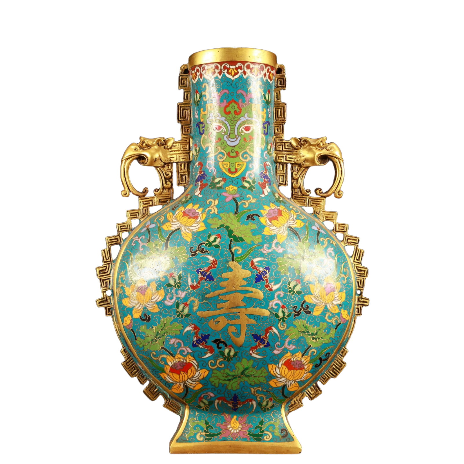 A Rare Cloisonne Lotus and Shou-Character Pattern Dragon-Ears Vase (1 of 10)