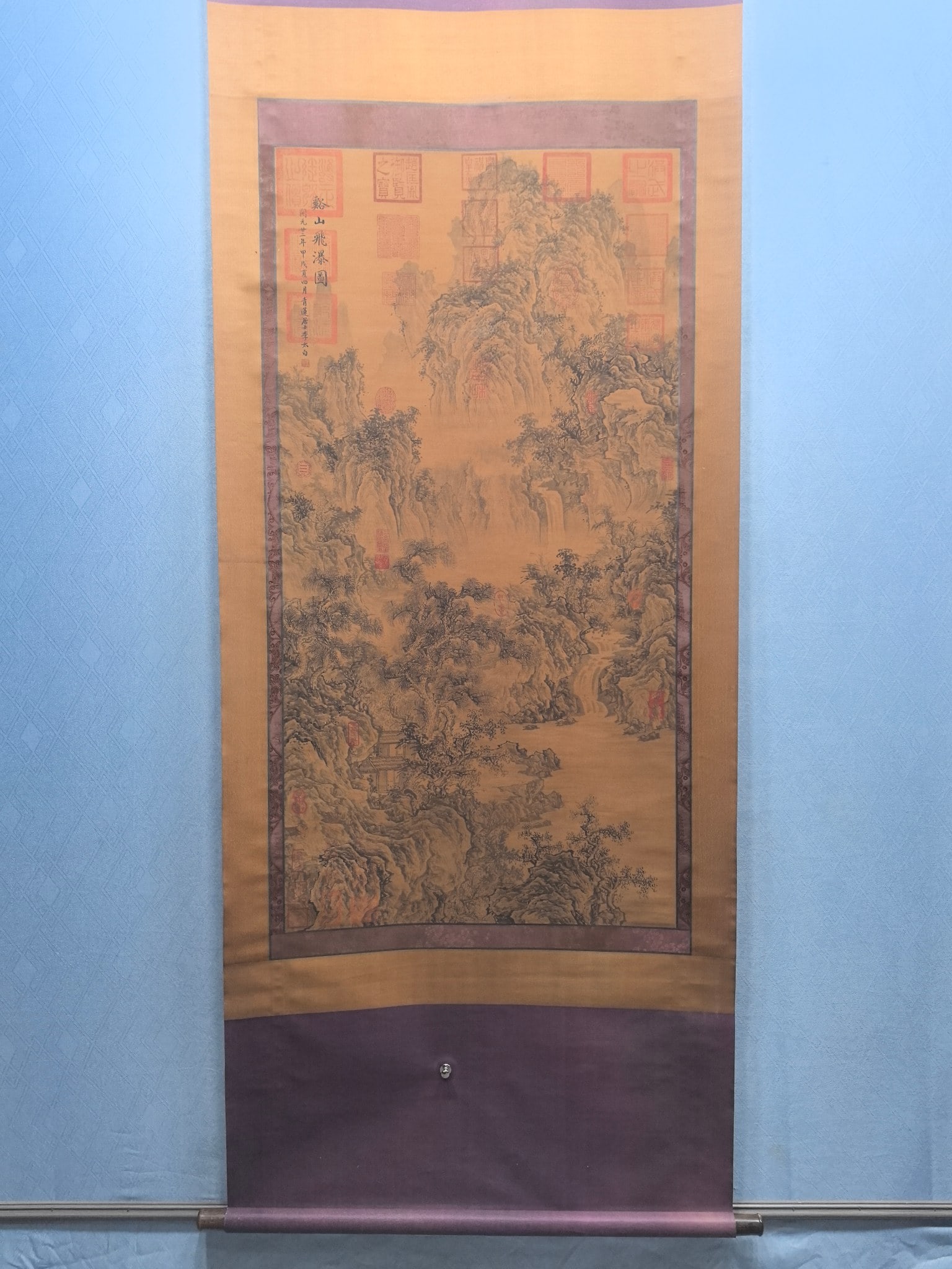 A Chinese Vertical Scroll Ink Painting of Landscape on Silk,Li Bai: A Chinese Vertical Scroll Ink Painting of Landscape on Silk,Li Bai,Size:(Without frame)26.4inx51.6in 一幅中国水墨绢本山水画立