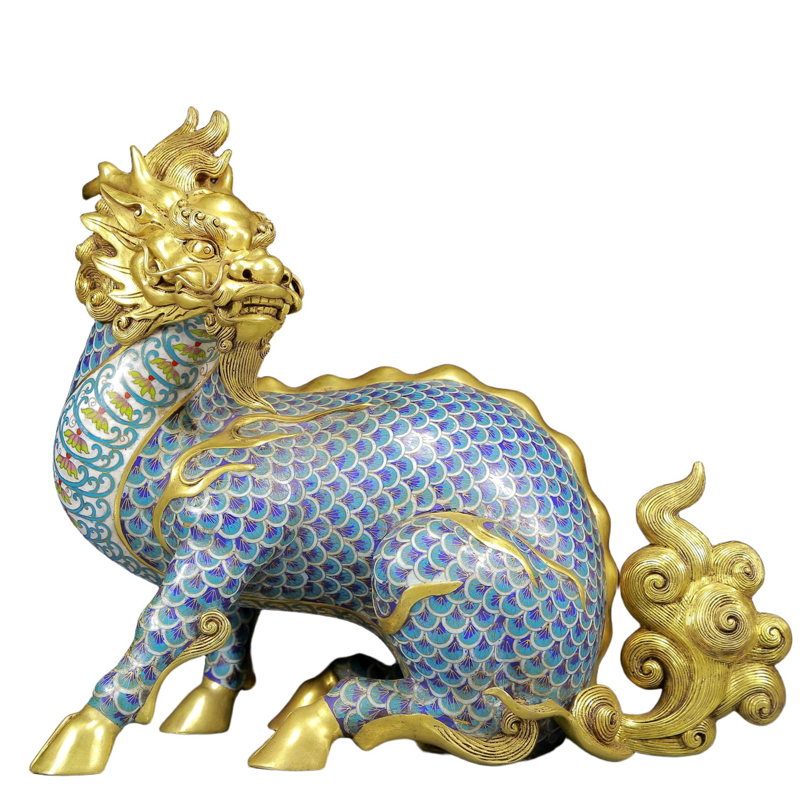 A Rare Cloisonne Kylin Ornament: A Rare Cloisonne Kylin Ornament,Qing Dynasty, China,Qianlong Four-character Mark,Size:14.6inx6.7inx13.8in,Weight:8625g 景泰蓝麒麟摆件，清代&