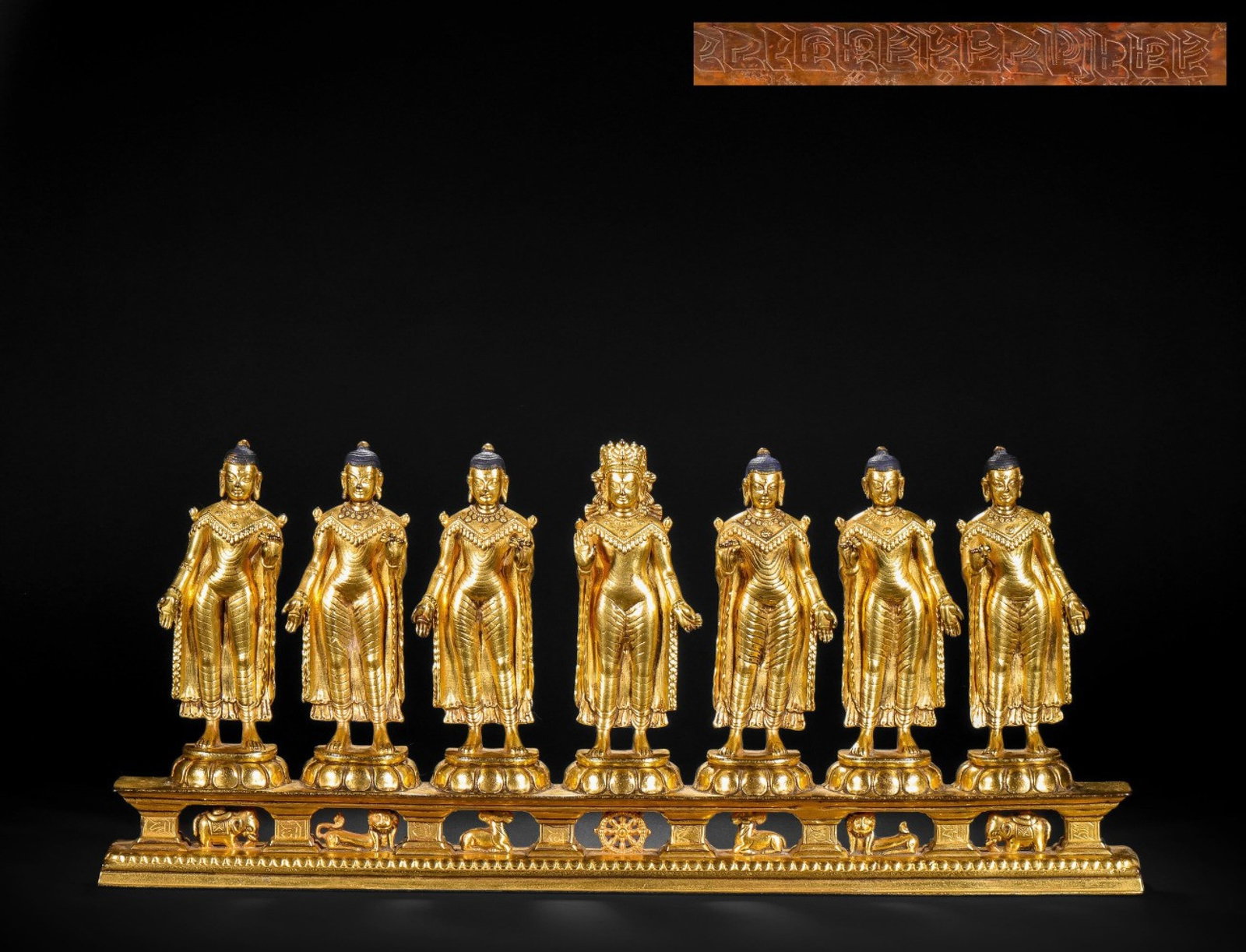 A Set of Solemn Gilt Bronze Buddha Statue,With Sanskrit: A Set of Solemn Gilt Bronze Buddha Statue,With Sanskrit,Ming Dynasty,China,Size:18.5inx2inx7.9in,Weight:4500g 一套铜鎏金佛像,带梵文,中