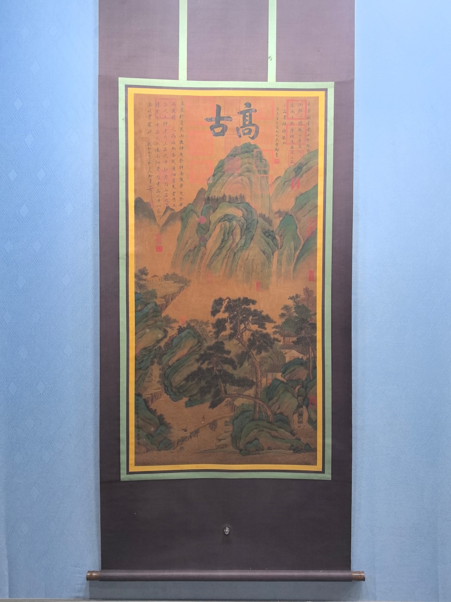 A Chinese Vertical Scroll Ink Painting of Landscape and Figure on Silk,Wang Wei: A Chinese Vertical Scroll Ink Painting of Landscape and Figure on Silk,Wang Wei,Size:(Without frame)27.8inx55.9in 一幅中国水墨绢本山水ߟ