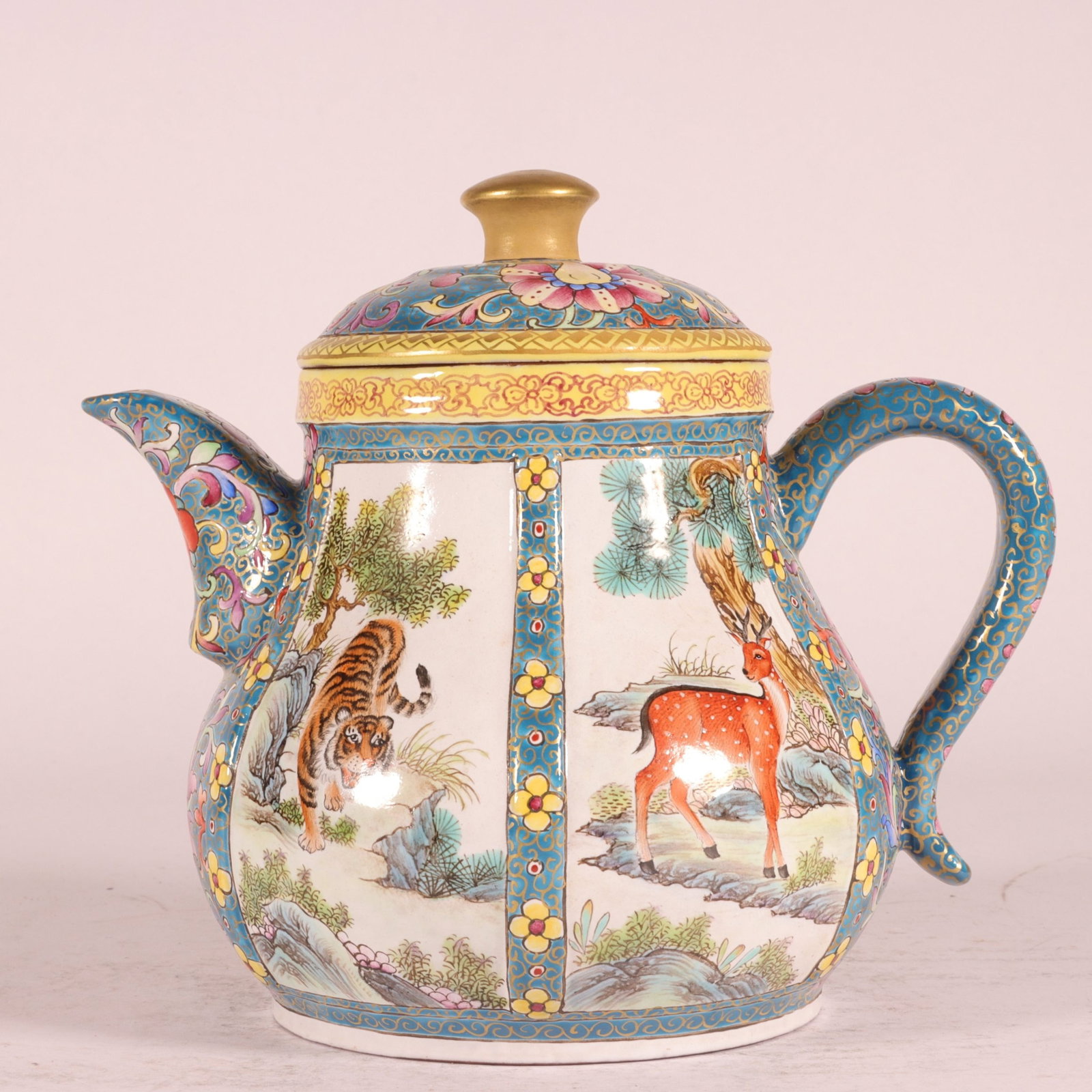 An Exquisite Purple Sands Famille-Rose Blue Ground Painted Gold Animal Pattern Ewer: An Exquisite Purple Sands Famille-Rose Blue Ground Painted Gold Animal Pattern Ewer,Qing Dynasty, China,Qianlong Six-character Mark,Size:5.1inx3.9in 紫砂粉彩蓝地