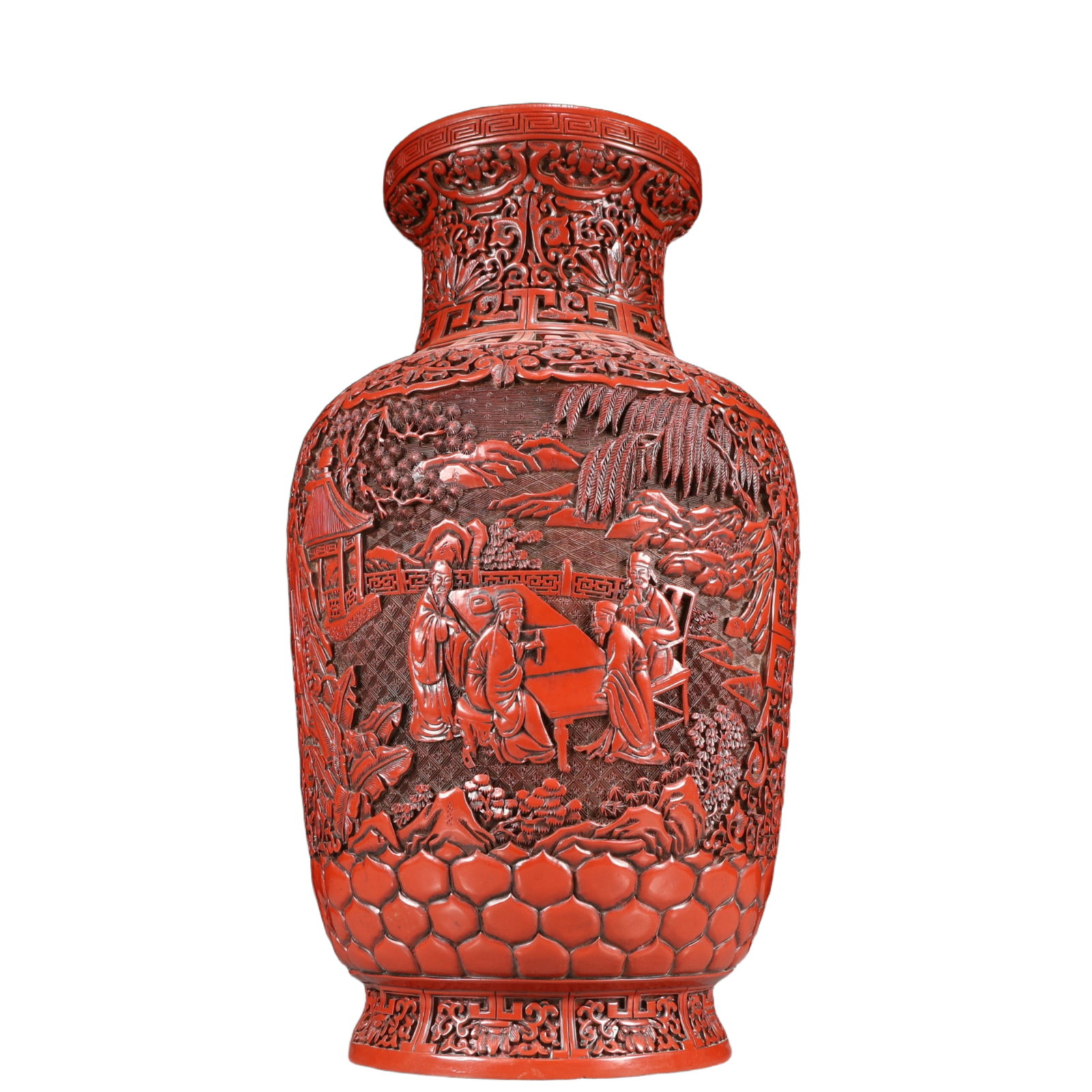 A Huge Carved Red Lacquer Character and Story Pattern Vase: A Huge Carved Red Lacquer Character and Story Pattern Vase,Qing Dynasty, China,Qianlong Six-character Mark,Size:11inx19.7in,Weight:5300g 剔红漆人物故事纹