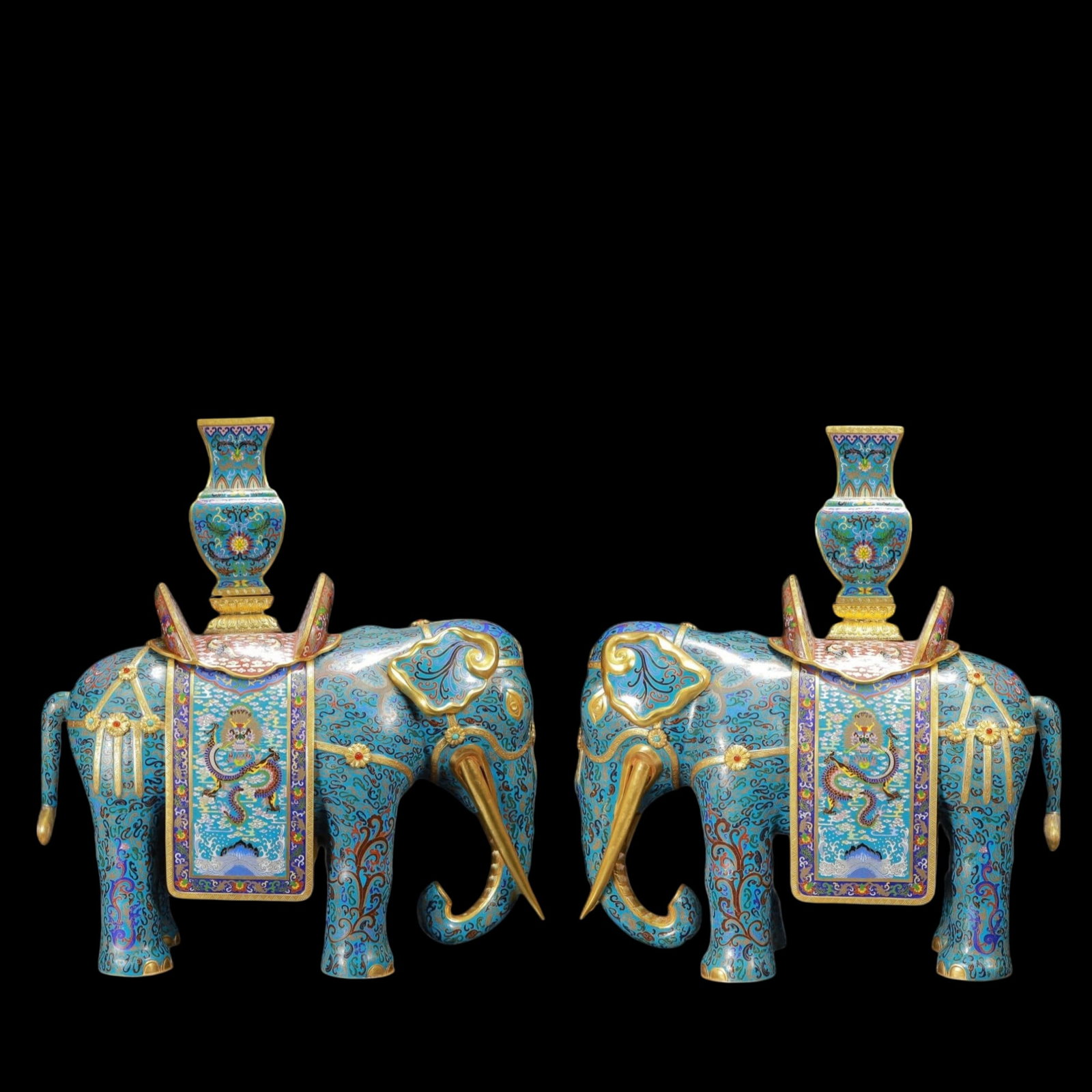 A Pair of Huge Cloisonne Lotus and Dragon Pattern Elephant Ornaments: A Pair of Huge Cloisonne Lotus and Dragon Pattern Elephant Ornaments,Qing Dynasty, China,Size:23.6inx12.2inx34.6in,Total Weight:51300g