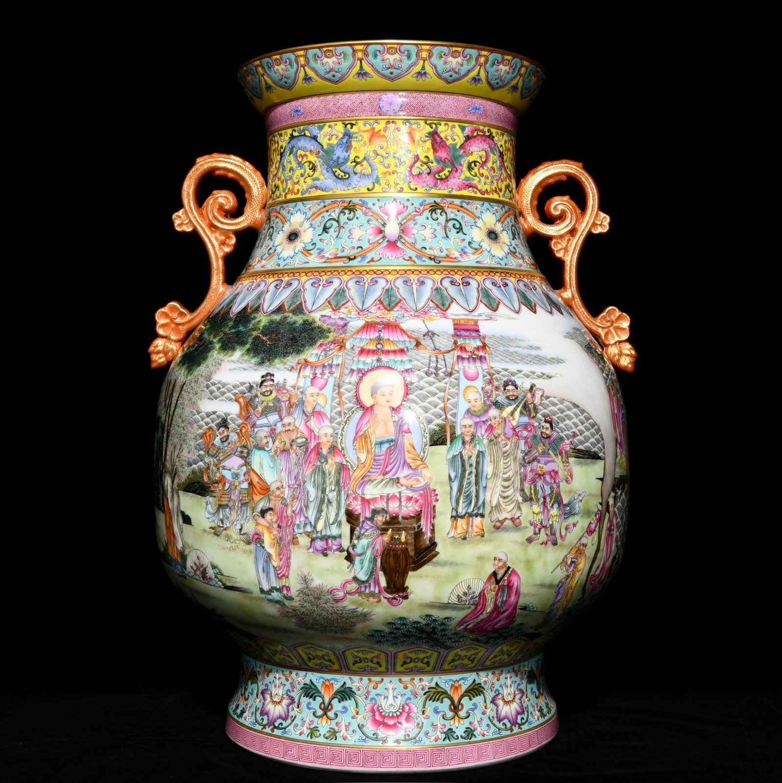 A Huge Famille-Rose Painted Gold Character and Story Pattern Double-Ears Vase: A Huge Famille-Rose Painted Gold Character and Story Pattern Double-Ears Vase,Qing Dynasty,China,Qianlong Four-character Mark,Size:20.7inx15.7in 粉彩描金人物故
