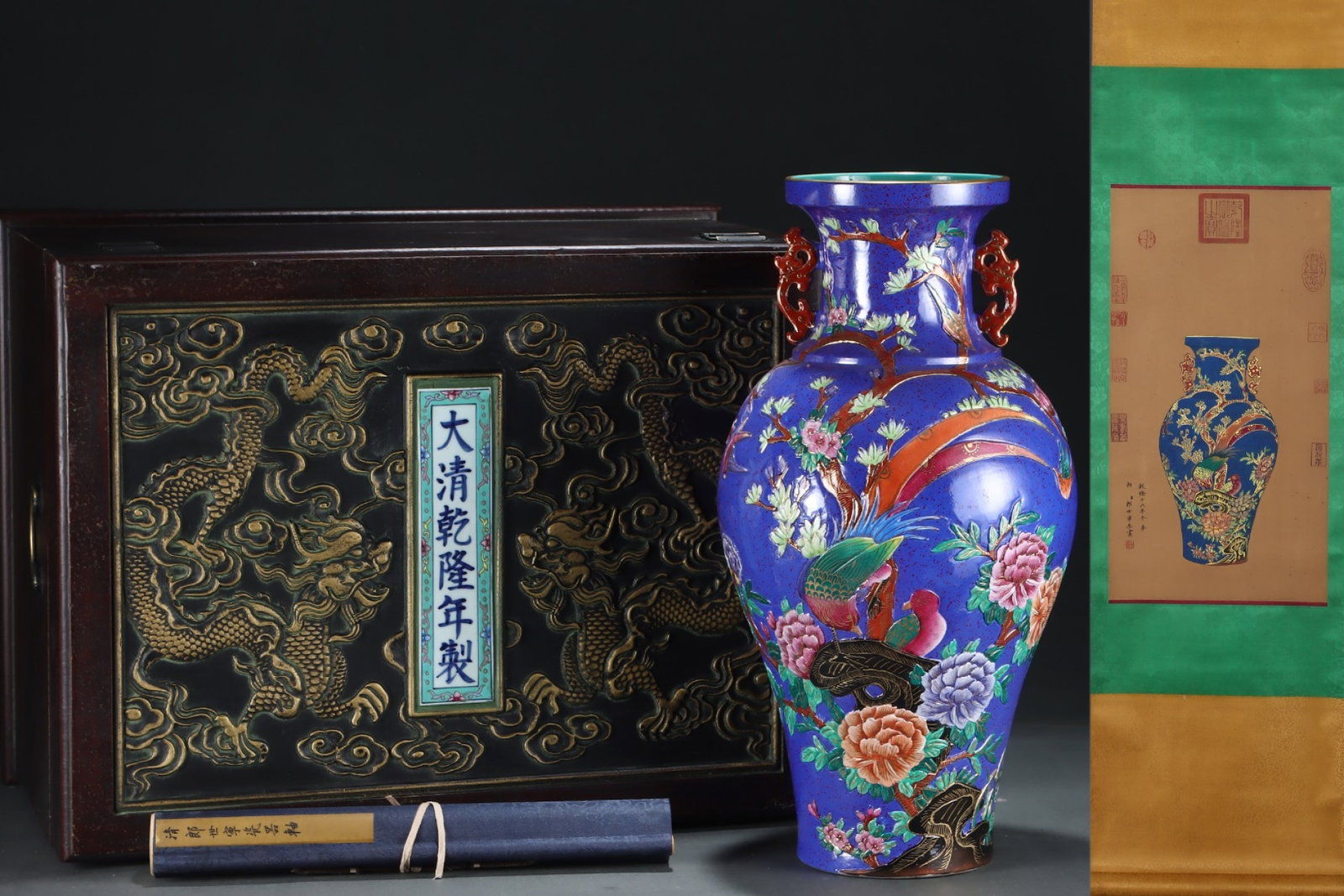 A Huge Enamel Flower and Phoenix Pattern Double-Ears Vase,with Chinese Vertical Scroll Ink Painting: A Huge Enamel Flower and Phoenix Pattern Double-Ears Vase,with Chinese Vertical Scroll Ink Painting on Silk,Qing Dynasty,China,Qianlong Six-character Mark,Size:(Without frame)25inx13.4in,(Porcelain)21