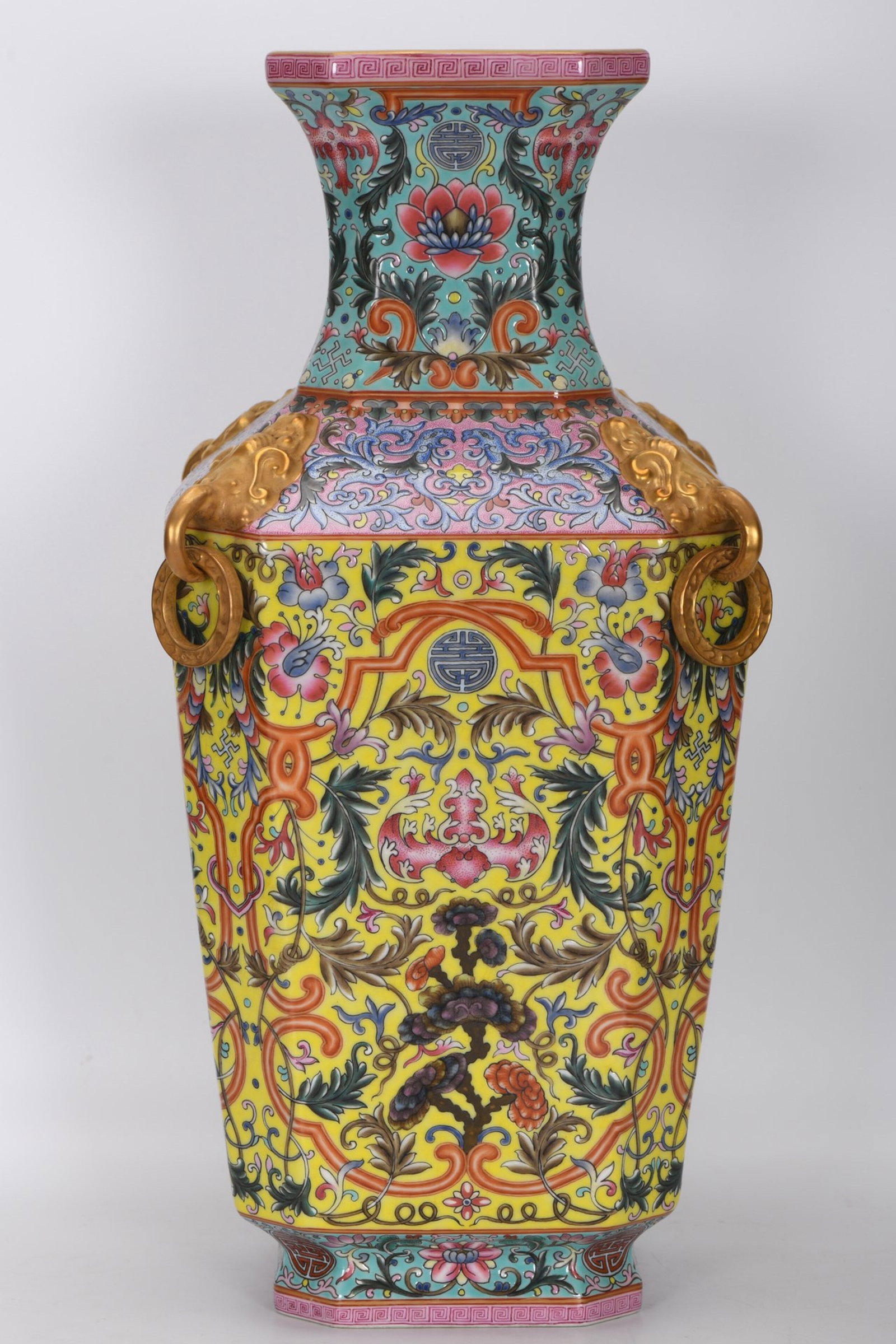 A Huge Yellow Ground Enamel Lotus Pattern Double-Ears Vase: A Huge Yellow Ground Enamel Lotus Pattern Double-Ears Vase,Qing Dynasty,China,Qianlong Four-character Mark,Size:17.2inx8.1in 黄地珐琅彩缠枝莲纹
