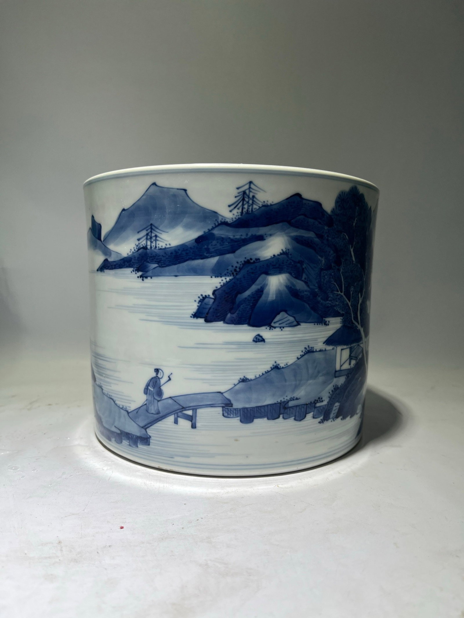 An Exquisite Blue and White Landscape and Figure Pattern Brush Pot: An Exquisite Blue and White Landscape and Figure Pattern Brush Pot,Qing Dynasty,China,Size:6.3inx7.5in 青花山水人物纹笔筒,中国清