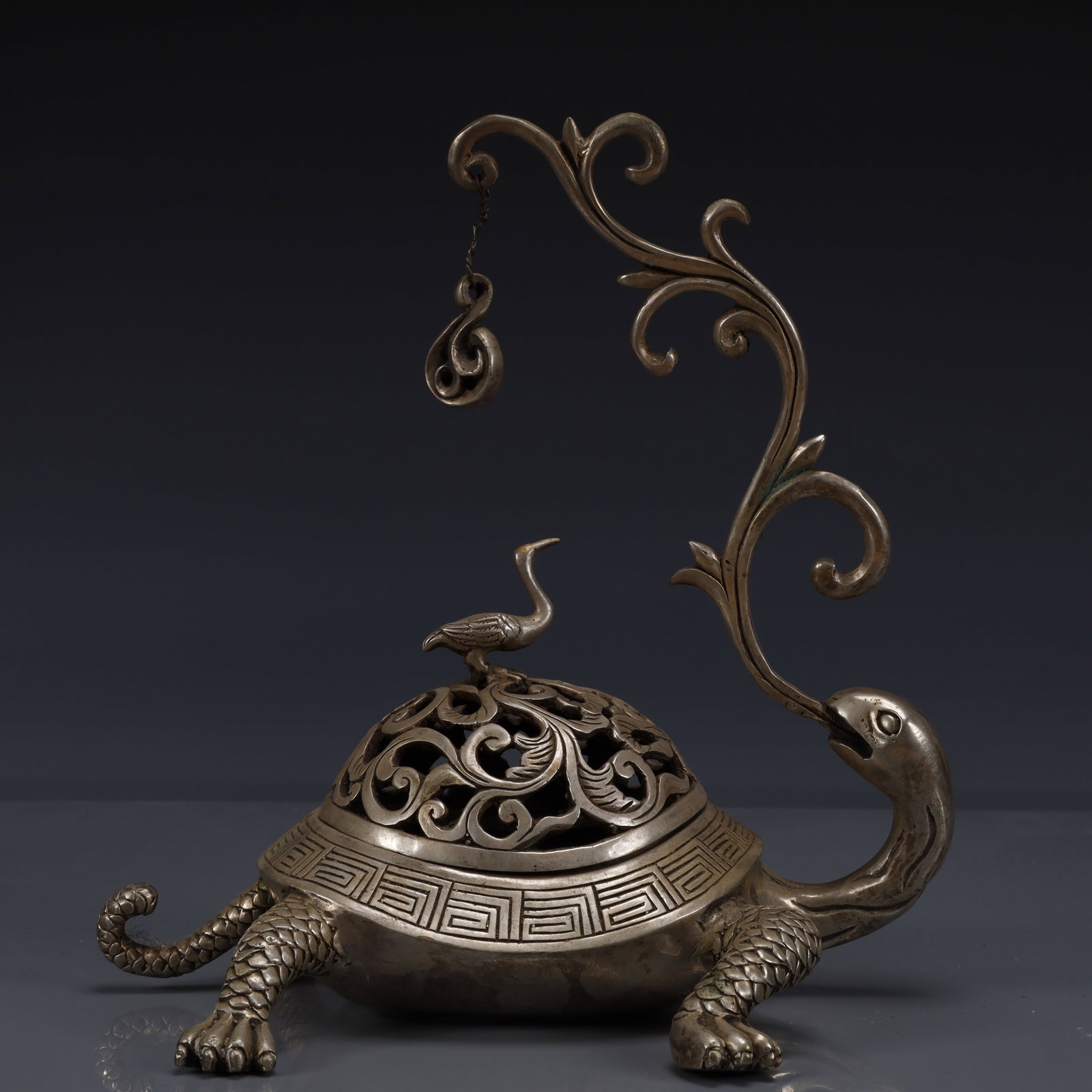 An Exquisite Silver-Plated Bronze Turtle Crane Censer: An Exquisite Silver-Plated Bronze Turtle Crane Censer,Ming Dynasty, China,Xuande Four-character Mark,Size:8.7inx7.1inx9.1in,Weight:1150g 铜镀银龟鹤香炉,ߑ