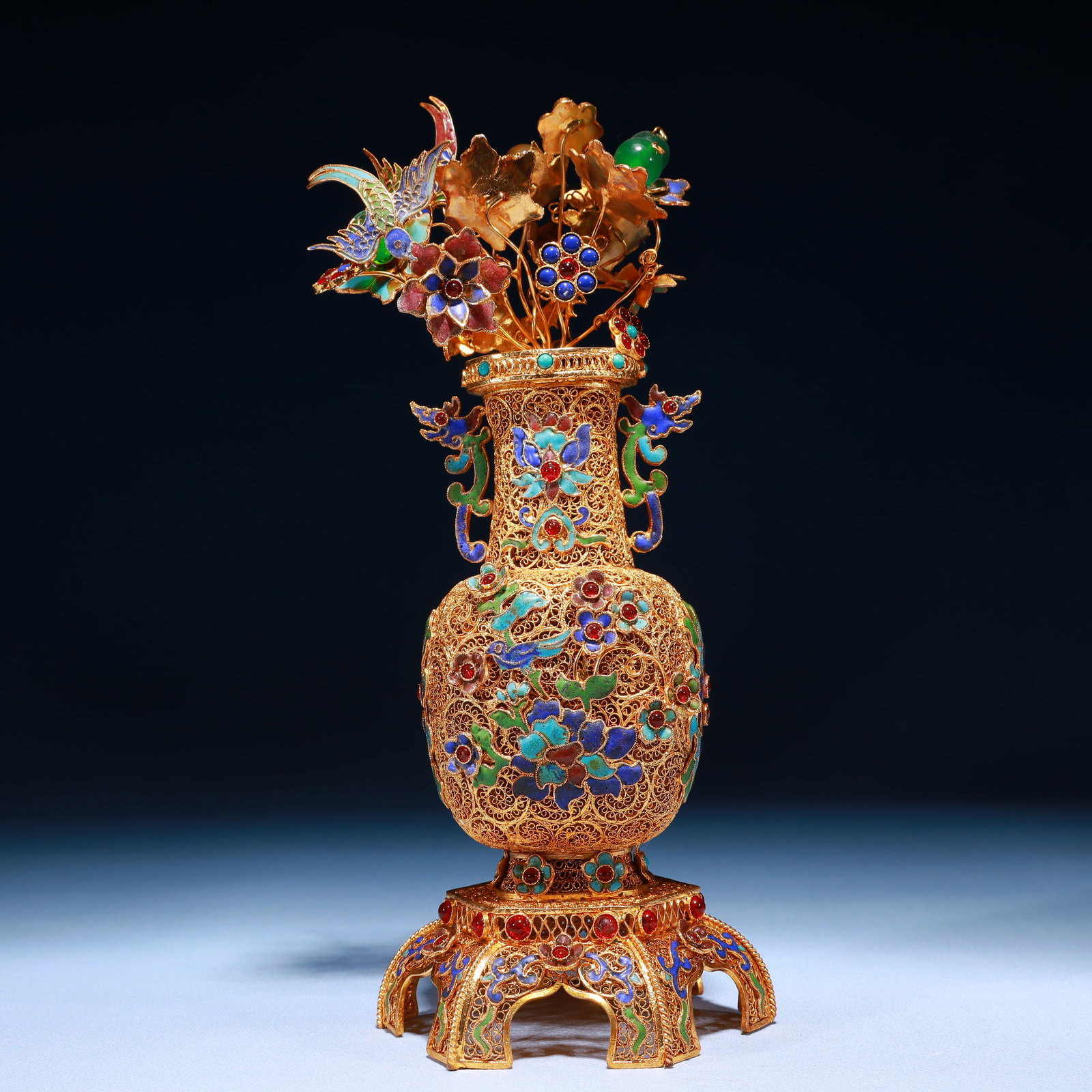 An Exquisite Filigree and Gilding Lotus Pattern Double-Ears Flower Vase,Inlaid Gems: An Exquisite Filigree and Gilding Lotus Pattern Double-Ears Flower Vase,Inlaid Gems,Qing Dynasty,China,Qianlong Four-character Mark,Size:4.3inx9.8in,Weight:550g 掐丝鎏金缠