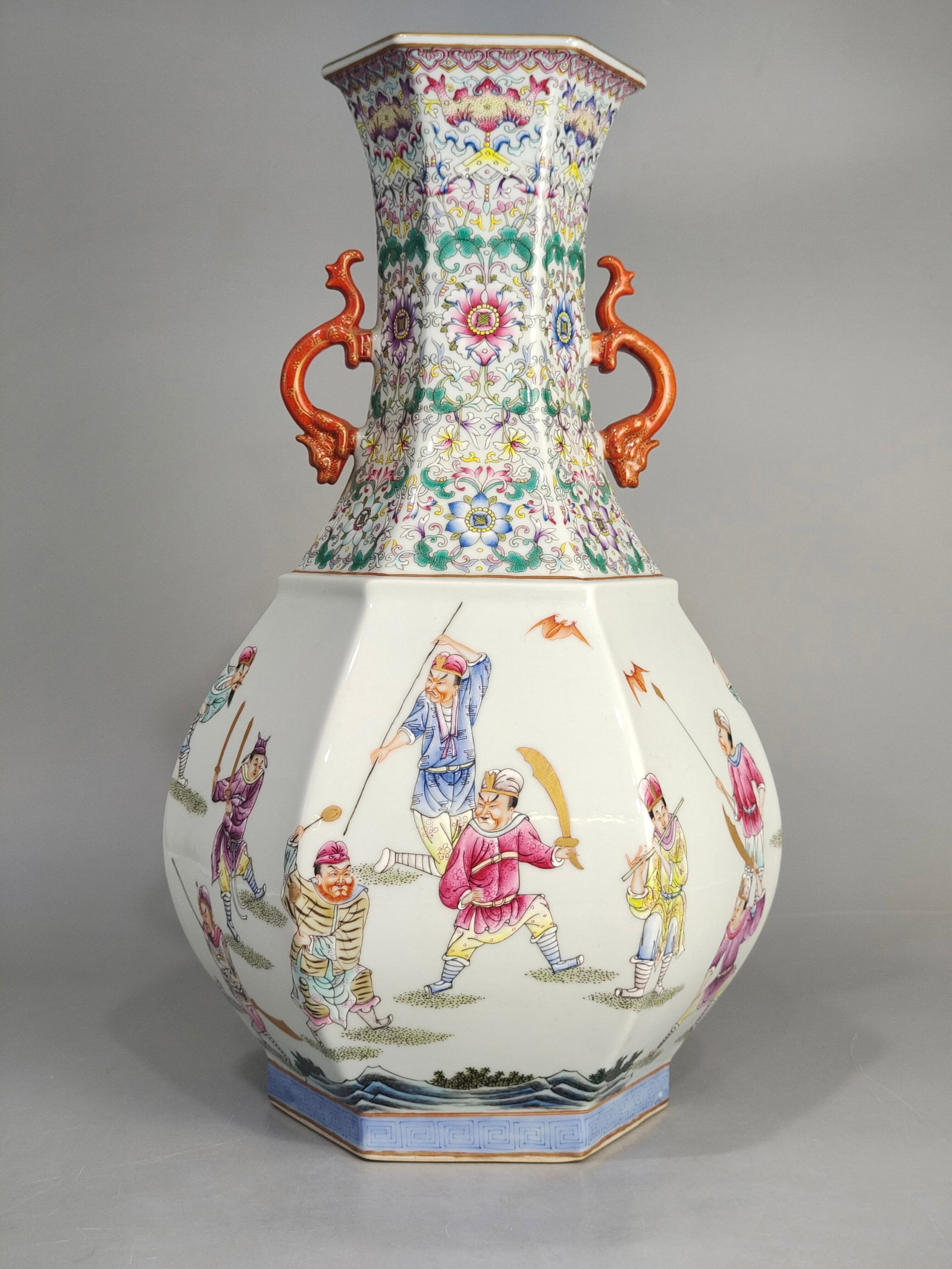 A Huge Famille-Rose Lotus and Figure Pattern Double-Ears Vase: A Huge Famille-Rose Lotus and Figure Pattern Double-Ears Vase,Qing Dynasty,China,Qianlong Six-character Mark,Size:17.7inx10.6in 粉彩缠枝莲人物纹双