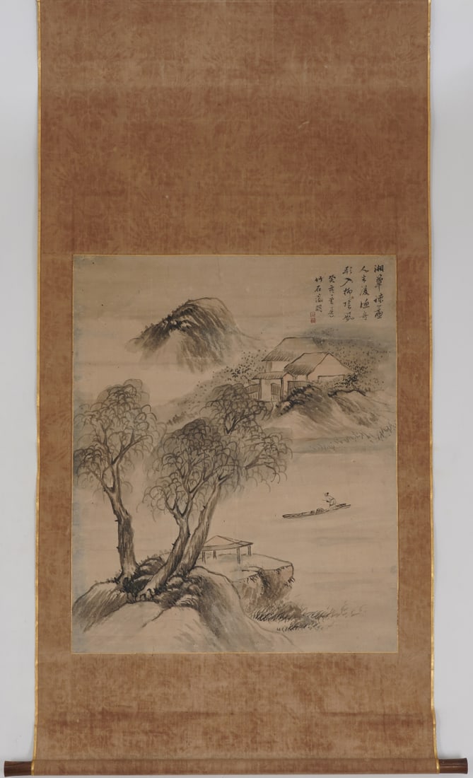 A Chinese Vertical Scroll Ink Painting of Landscape on Paper: A Chinese Vertical Scroll Ink Painting of Landscape on Paper,Wen Zhengming,Size:27.6inx22.4in 一幅中国水墨山水画立轴,文征&