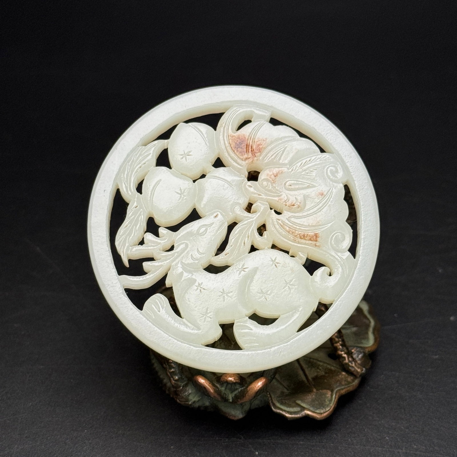 An Exquisite White Jade Hollow Sika Deer Bats and Peach Pattern Pendant: An Exquisite White Jade Hollow Sika Deer Bats and Peach Pattern Pendant,Qing Dynasty,China,Size:2.2inx0.2in,Weight:33g