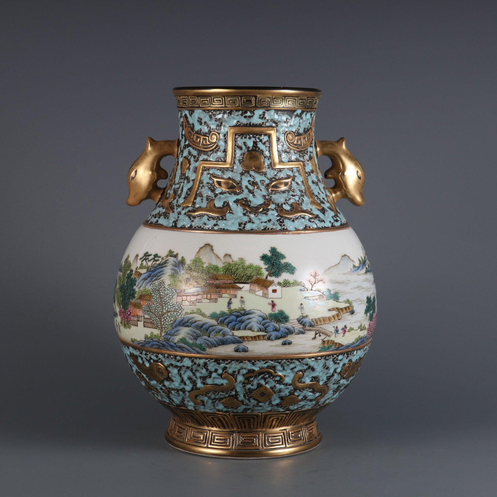 An Exquisite Bronze Glazed Painted Gold Landscape and Figure Pattern Beast-Ears Vase (1 of 9)