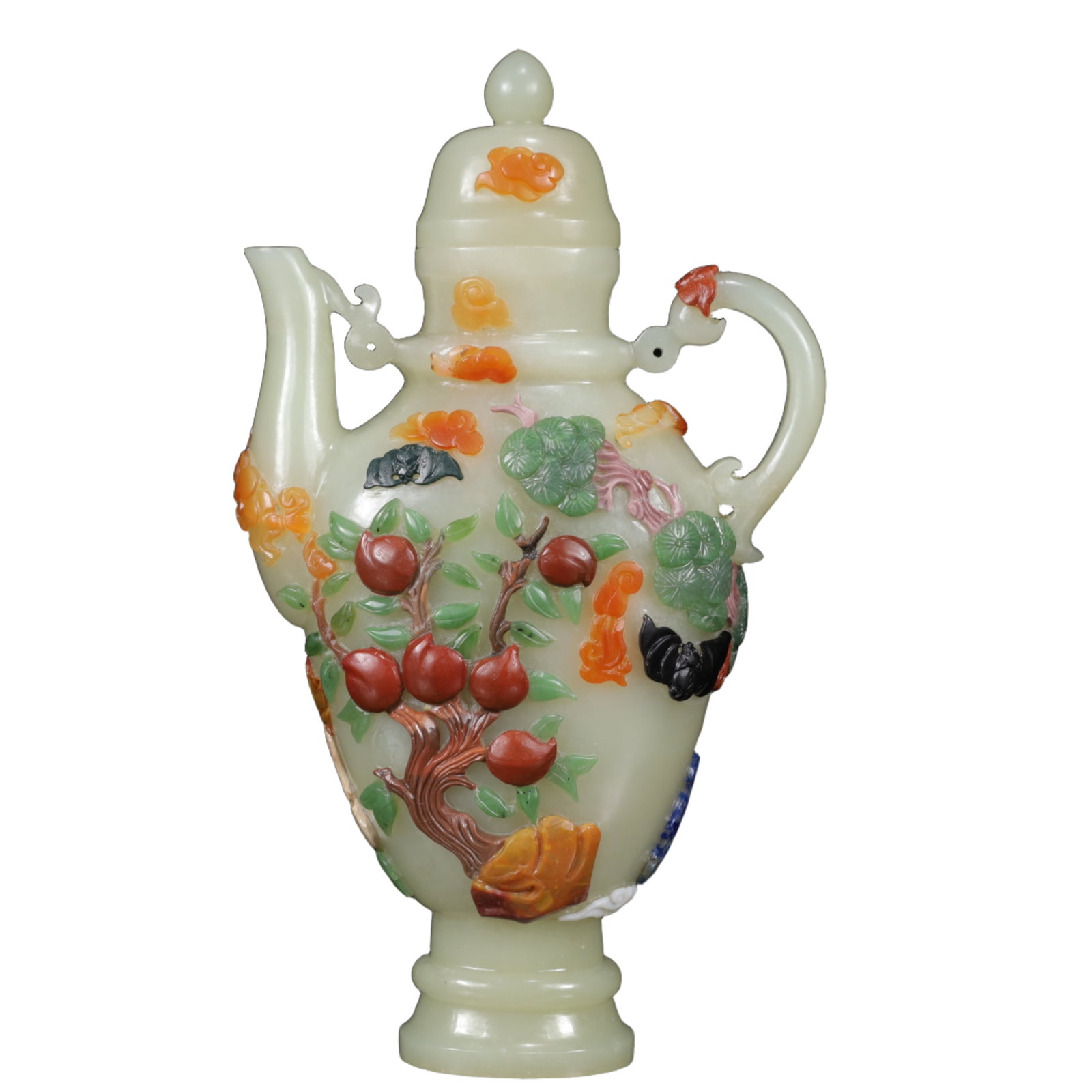 An Exquisite White Jade Inlaid Gems Bats and Peach Pattern Ewer: An Exquisite White Jade Inlaid Gems Bats and Peach Pattern Ewer,Qing Dynasty,China,Size:4.7inx1.6inx7.9in,Weight:400g 白玉嵌百宝蝙蝠桃子纹&#