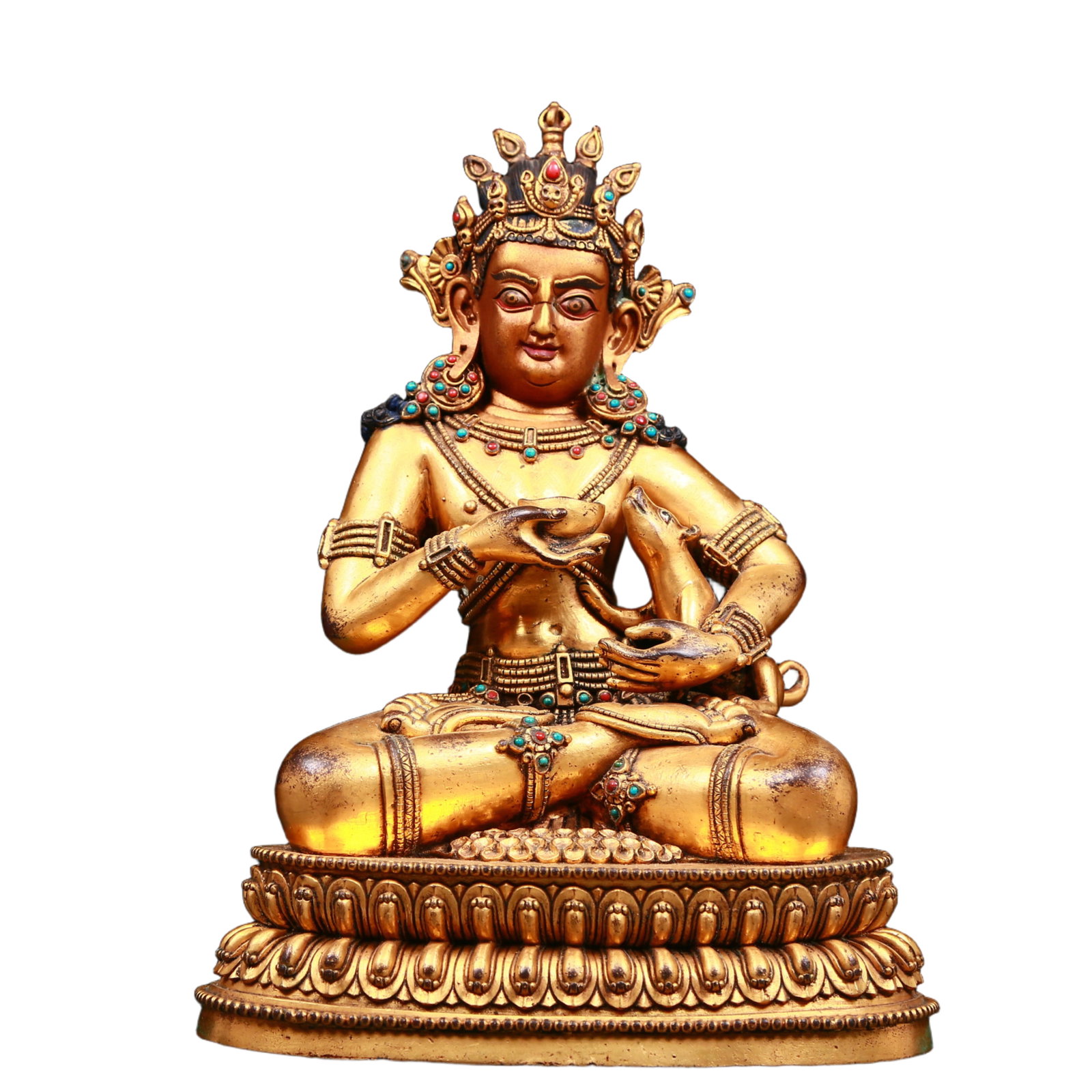 A stunning gilt bronze statue of the Mammon inlaid with gems: A stunning gilt bronze statue of the Mammon inlaid with gems, Qing Dynasty, China. The Buddha's face is solemn and kind, with deep eyes, symbolizing wealth and fortune. Its appearance is full of luxur