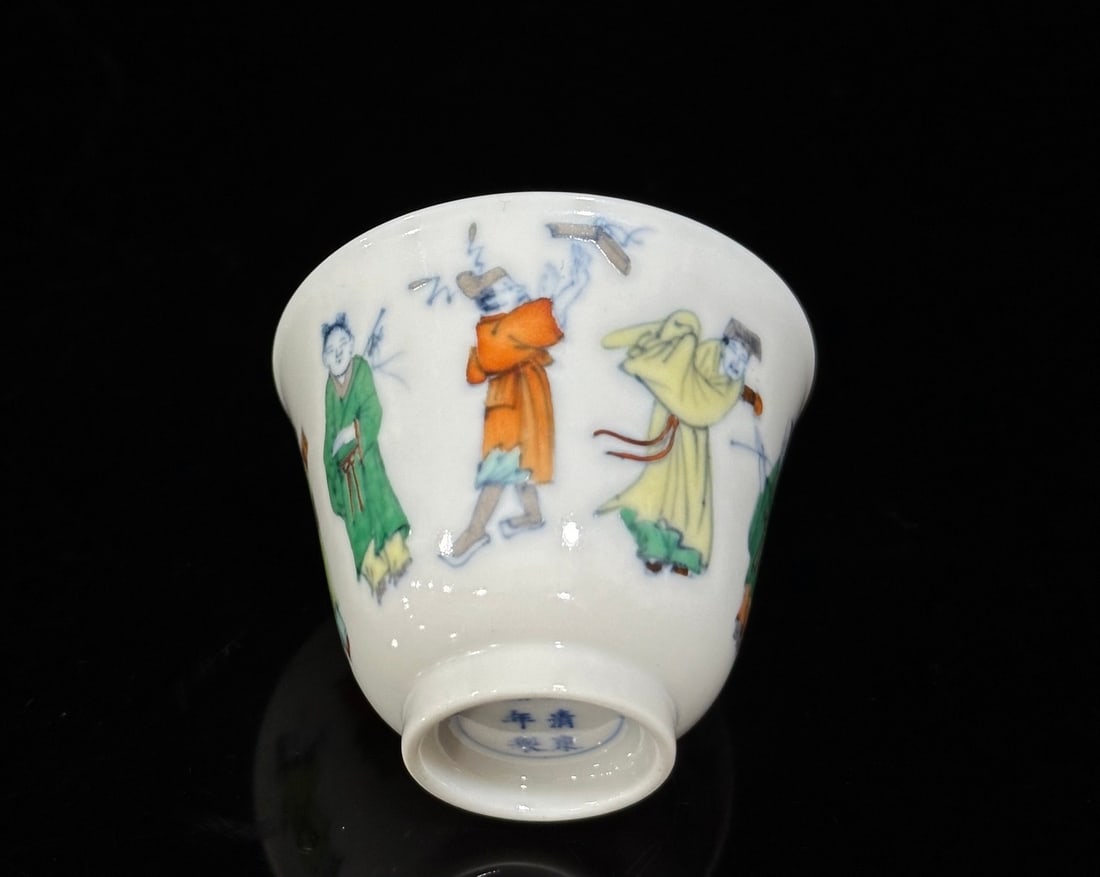 An Exquisite Blue and White Doucai Character and Story Pattern Cup: An Exquisite Blue and White Doucai Character and Story Pattern Cup,Qing Dynasty,China,Kangxi Six-character Mark,Size:1.9inx2.4in 青花斗彩人物故事纹