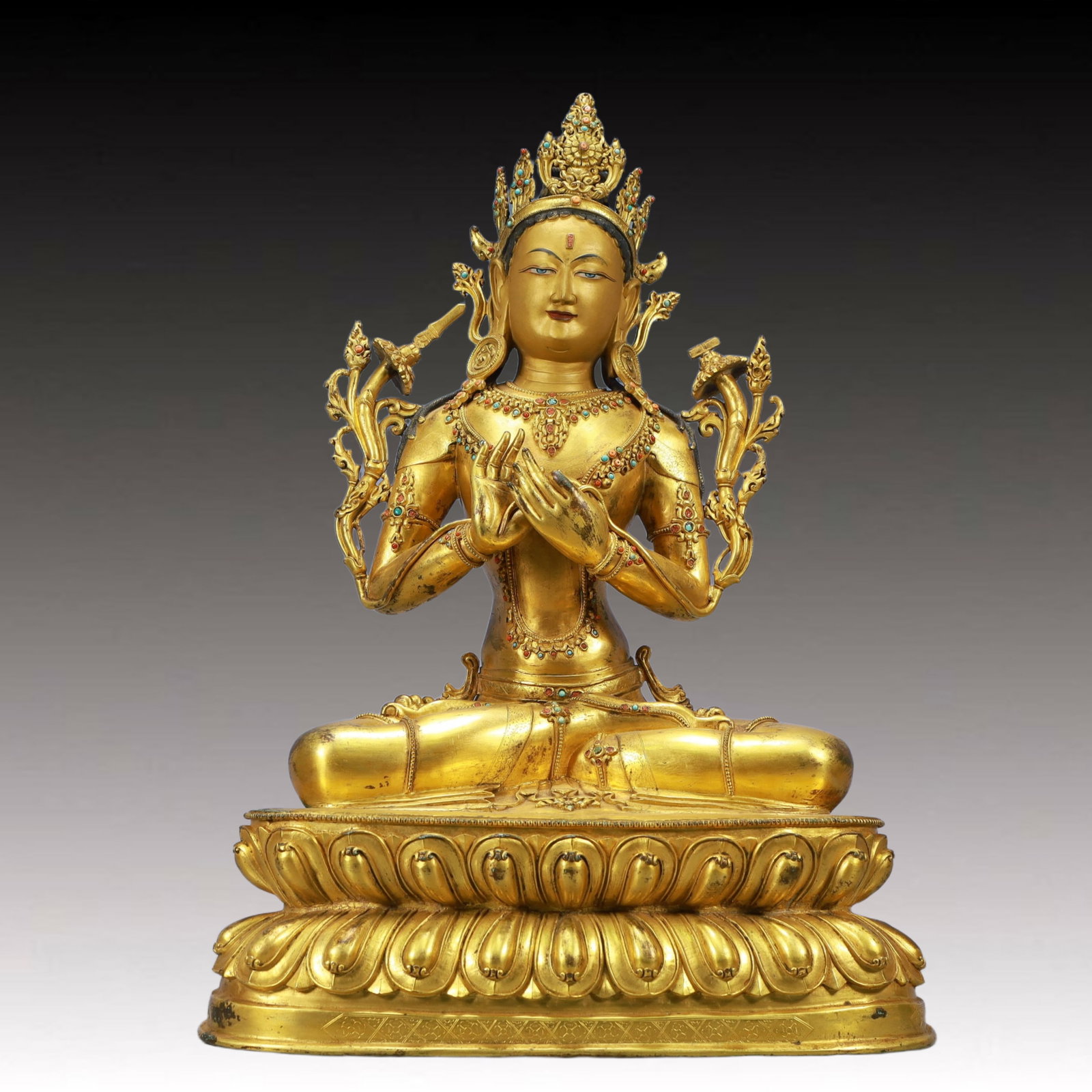 A Solemn Gilt Bronze Statue of Manjusri: A Solemn Gilt Bronze Statue of Manjusri,Ming Dynasty, China,Size:16.1inx9.4inx23.2in Weight:19200g 铜鎏金文殊菩萨像,中国明代