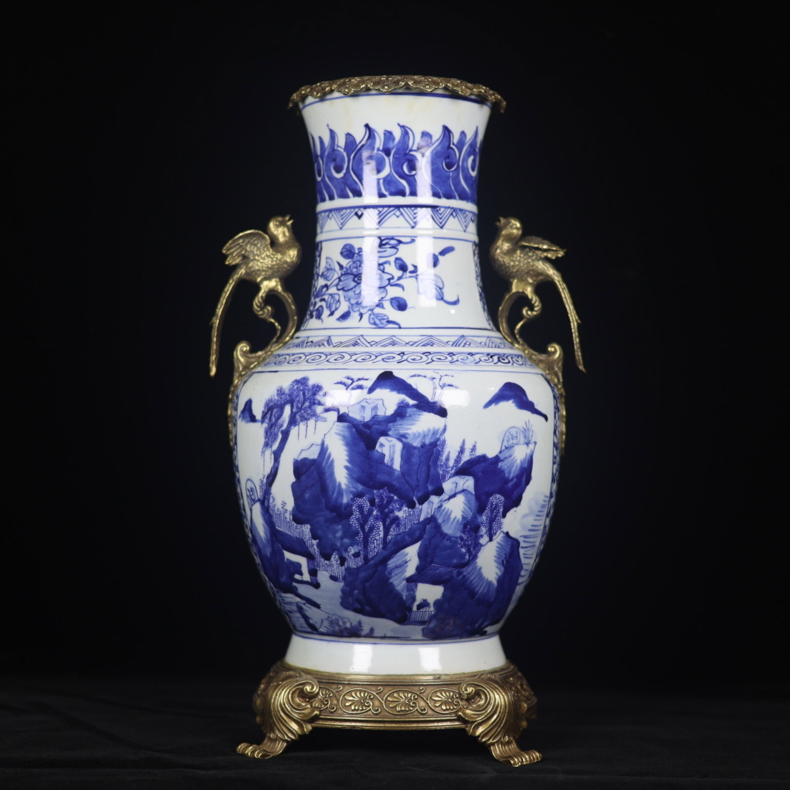 A Huge Blue and White Inlaid Bronze Landscape Pattern Bird-Ears Vase: A Huge Blue and White Inlaid Bronze Landscape Pattern Bird-Ears Vase,Qing Dynasty,China,Kangxi Six-character Mark,Size:18.9inx6.3inx10.6inx9.1in 青花镶铜山水纹