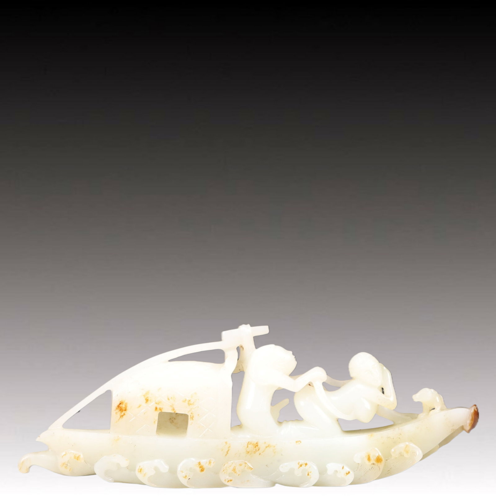 An Exquisite White Jade Ship Ornament: An Exquisite White Jade Ship Ornament, Qing Dynasty, China,Size:6.7inx1inx2.4in,Weight:250g 白玉船摆件, 中国清代