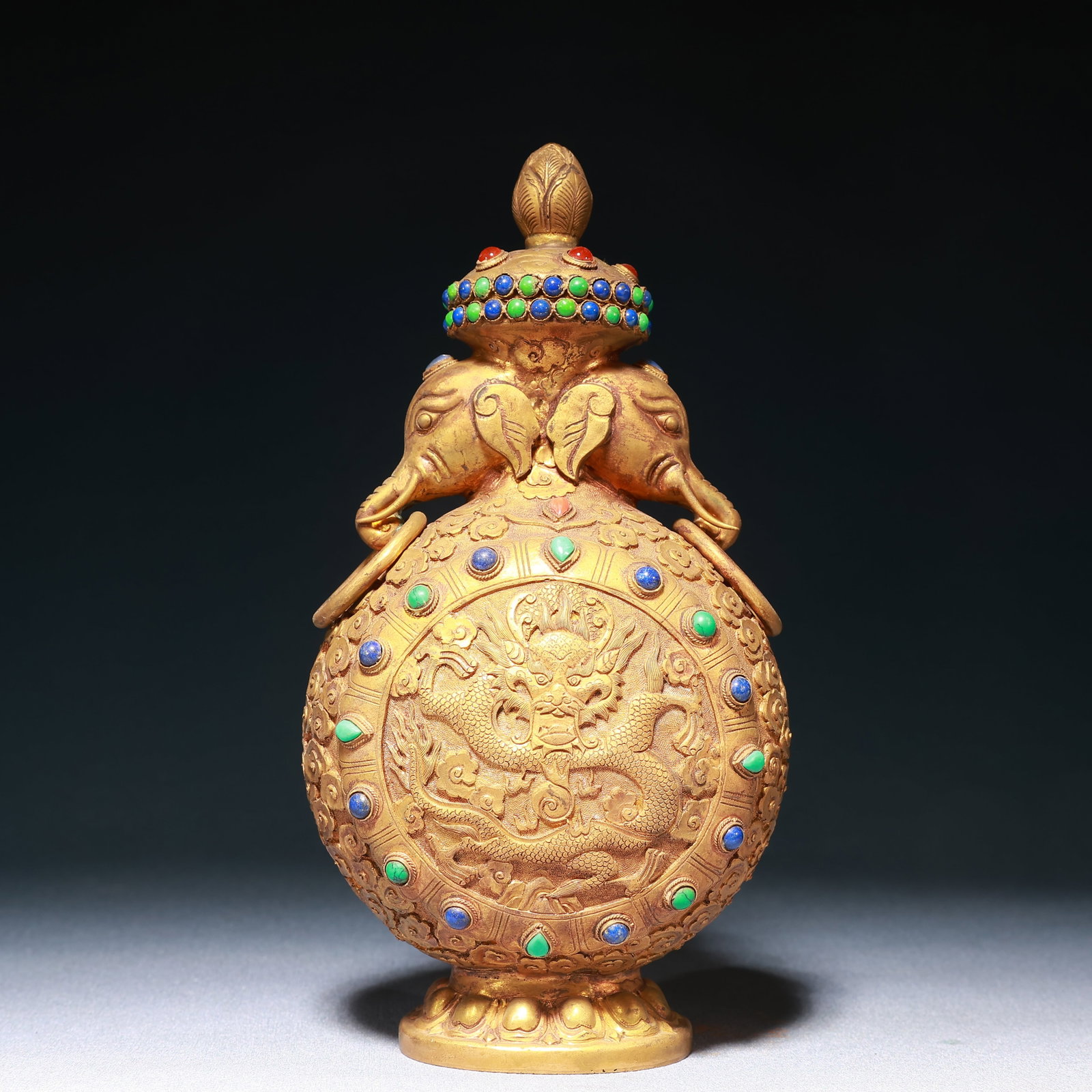 An Exquisite Gilt Bronze Auspicious Cloud and Dragon Pattern Elephant-Ears Bottle,Inlaid Turquoise: An Exquisite Gilt Bronze Auspicious Cloud and Dragon Pattern Elephant-Ears Bottle,Inlaid Turquoise and Lapis Lazuli,Qing Dynasty,China,Size:4.3inx3.5inx8.7in,Weight:850g 铜鎏金ణ