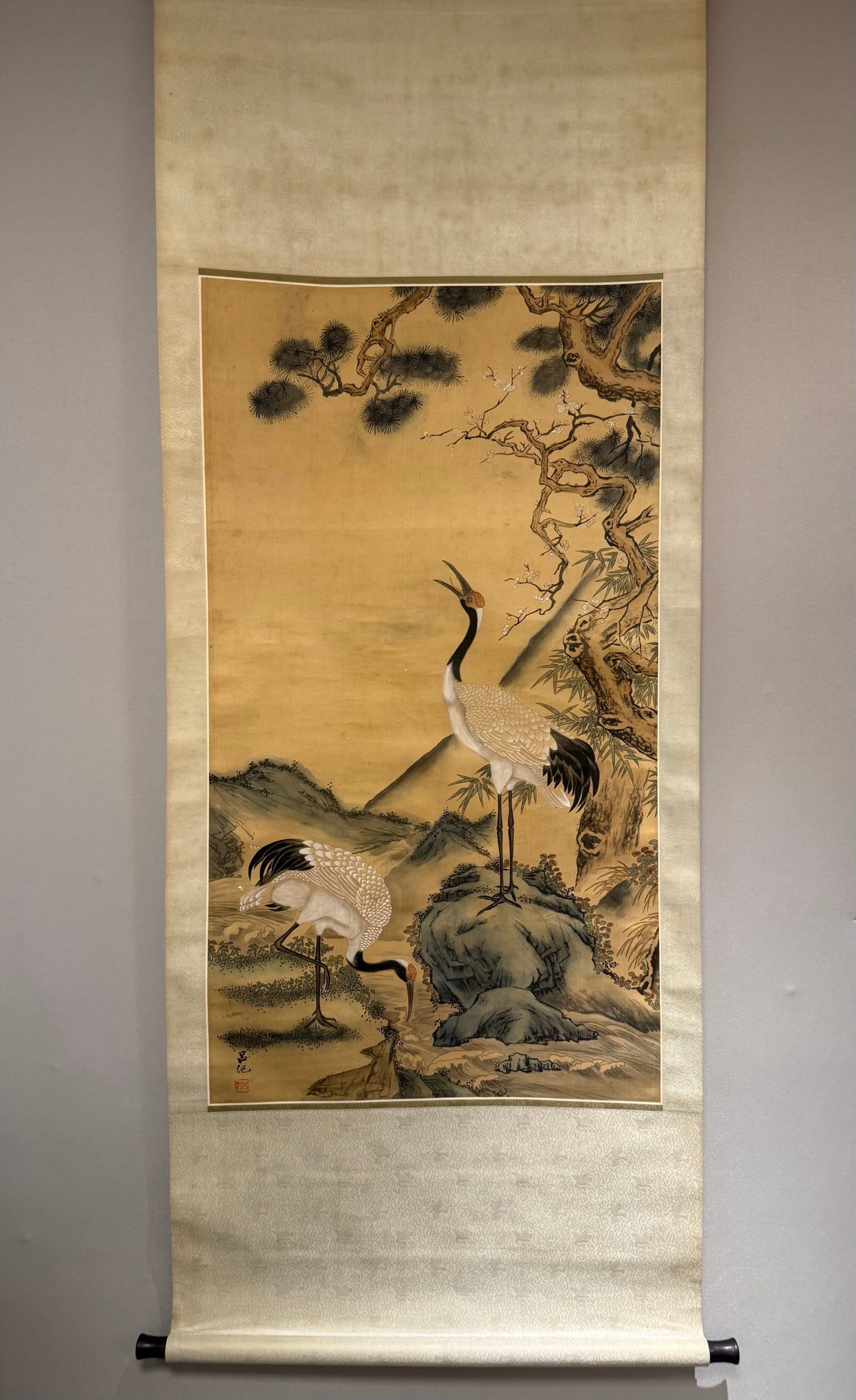 A Chinese Vertical Scroll Ink Painting of Pine and Crane on Paper: A Chinese Vertical Scroll Ink Painting of Pine and Crane on Paper,Lv Ji,Size:45.7inx25.2in 一幅中国水墨松鹤画立轴,吕纪