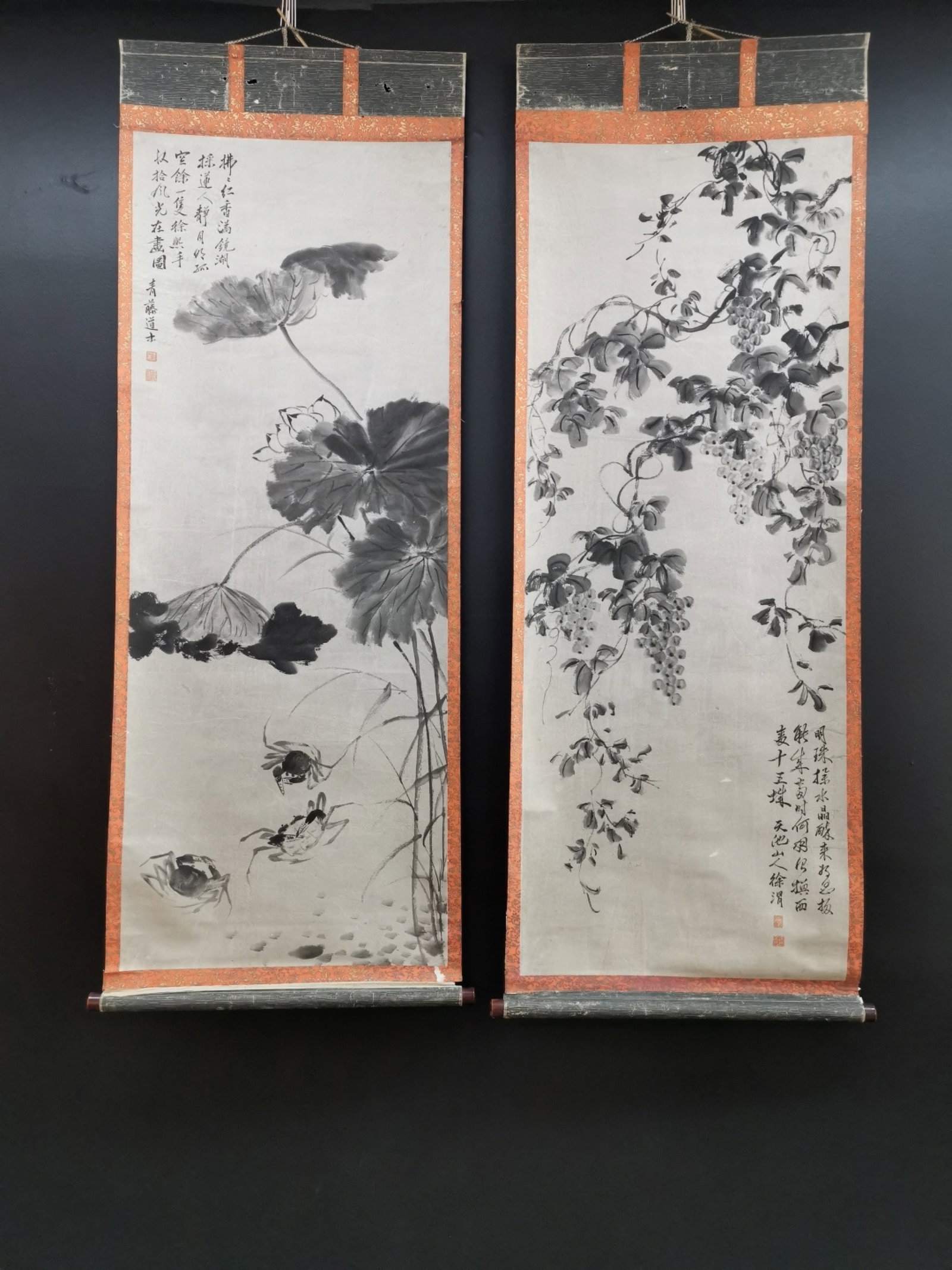 A Pair of Chinese Vertical Scroll Ink Painting of Flower and Fruit on Paper: A Pair of Chinese Vertical Scroll Ink Painting of Flower and Fruit on Paper,Xu Wei,Size:20.1inx52.4in*2 一对中国水墨花果画立轴,徐