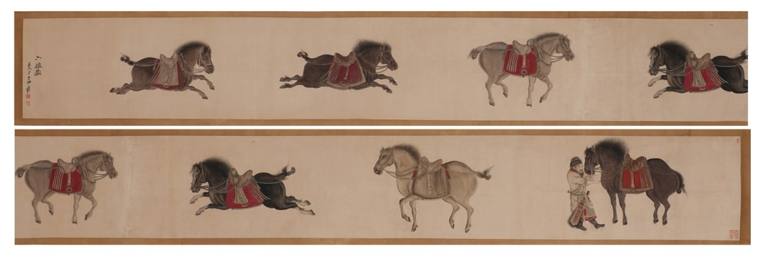 A Chinese Hand Scroll Ink Painting of Horse on Silk: A Chinese Hand Scroll Ink Painting of Horse on Silk,Zhang Daqian,Size:13inx150.8in 一幅中国水墨绢本骏马画手卷,张