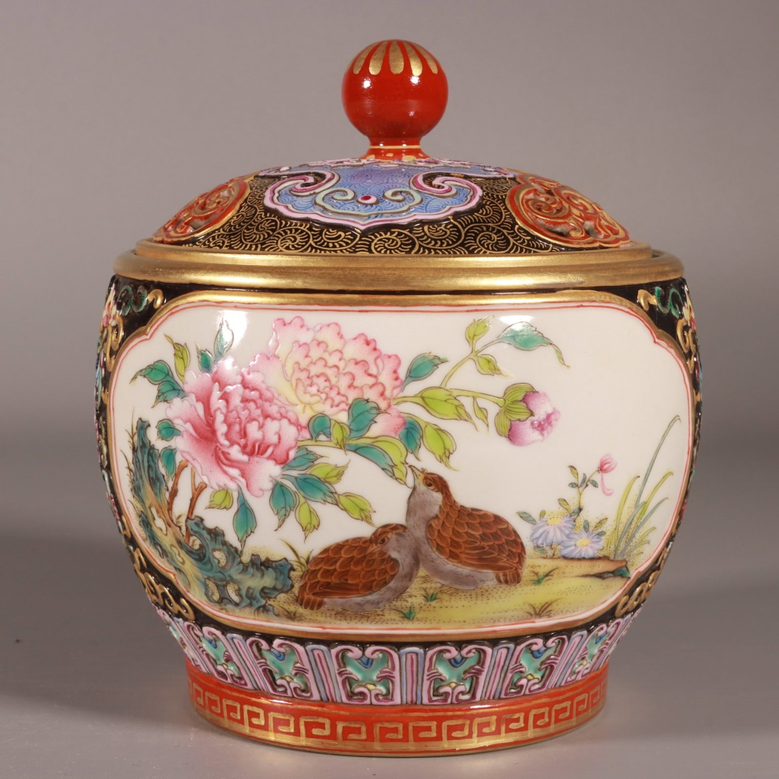 An Exquisite Black Ground Enamel Flower and Bird Pattern Censer: An Exquisite Black Ground Enamel Flower and Bird Pattern Censer,Qing Dynasty,China,Qianlong Six-character Mark,Size:5.5inx4.7in